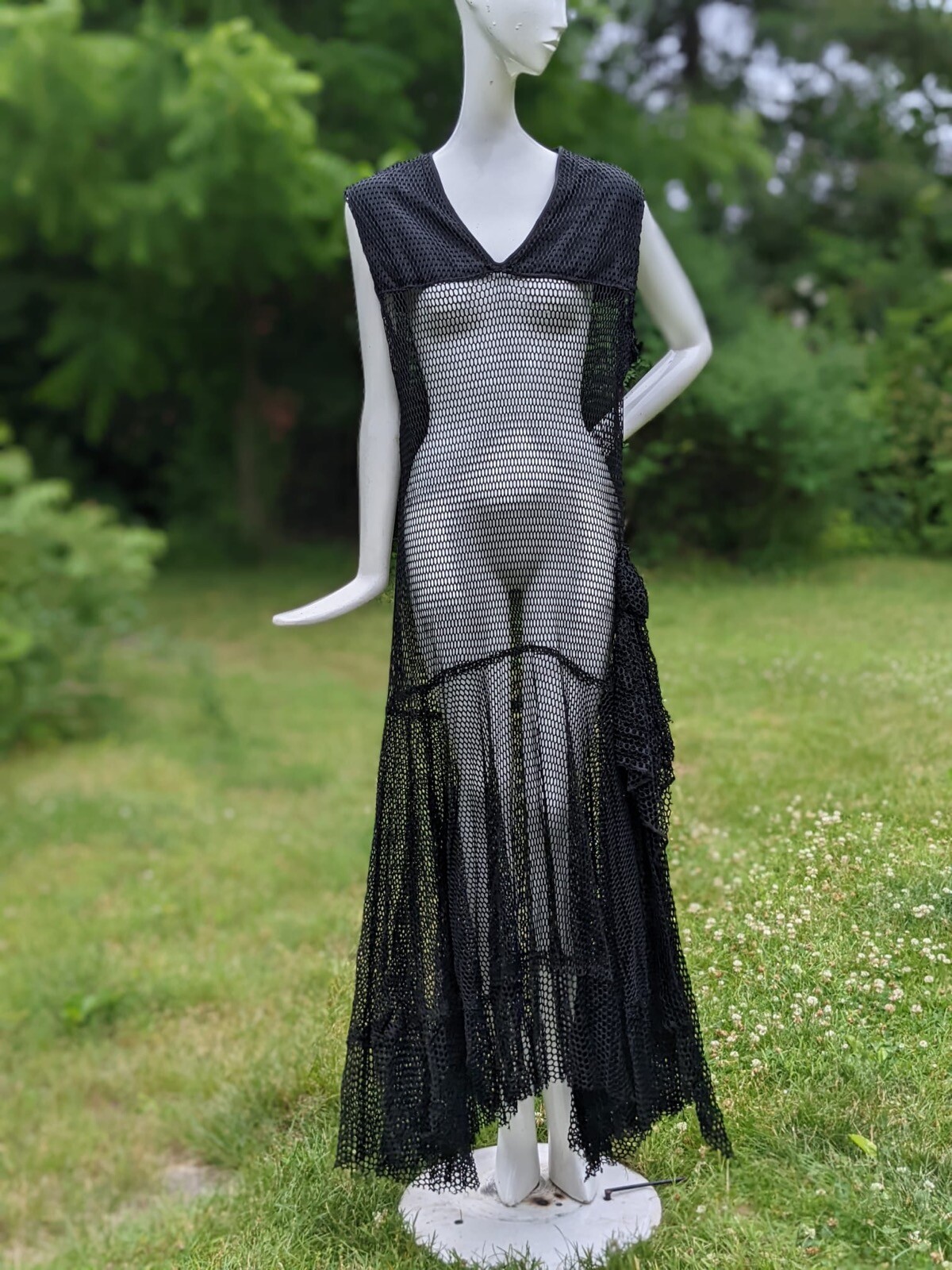 ALLURING FLAPPER 1920’S BLACK FISHNET DRESS W DRAPE TAILS AT SIDE 