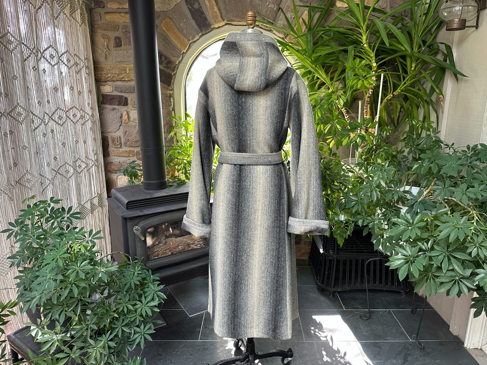 Vintage 1970s Variegated Gray Striped Wool Belted Hooded Coat Casa de Lana