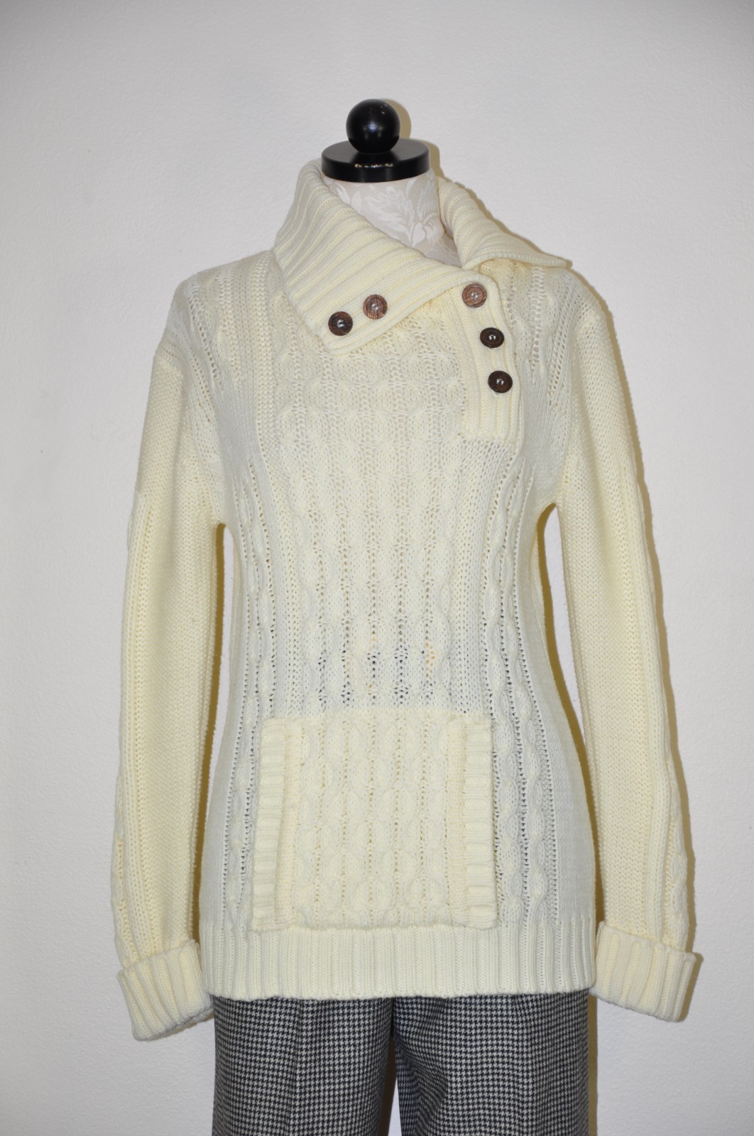 70s Vintage Cream Chunky Cable Knit Buttons Turtleneck Fisherman Sweater Women S