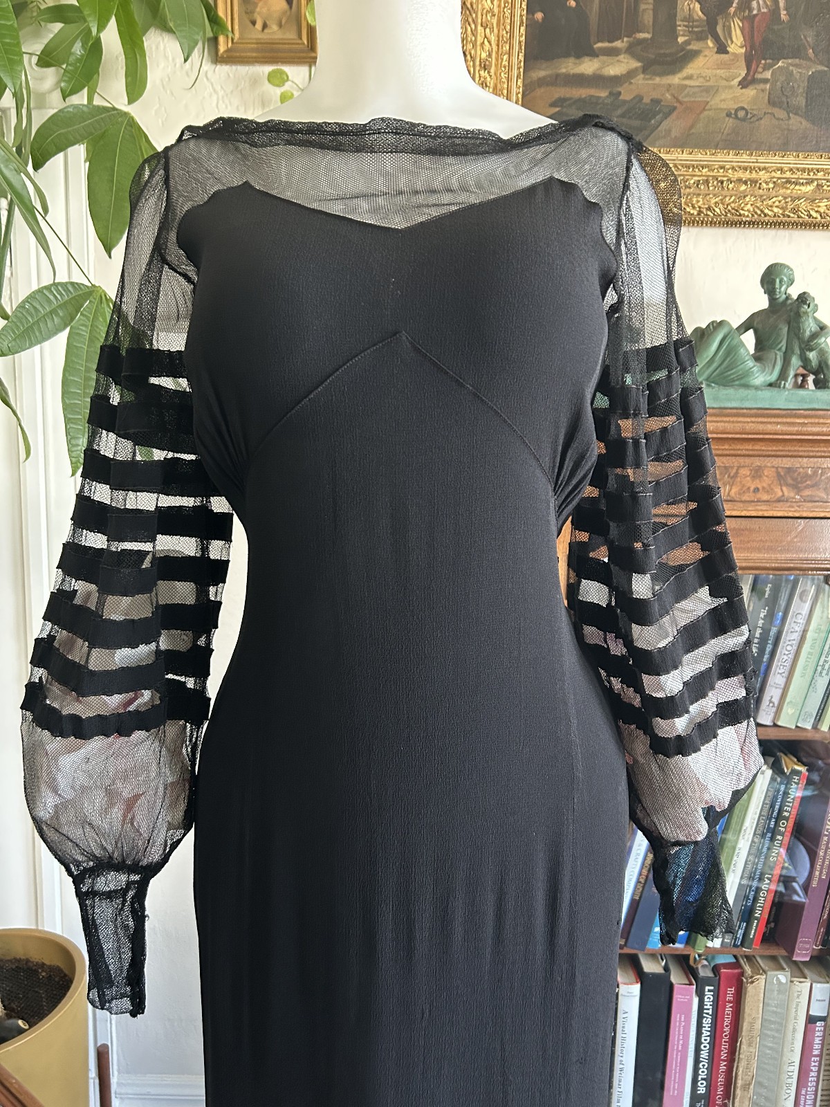 Vintage 1930s Black Mesh Net Gown Balloon Sleeves Bias Cut Art Deco Maxi Dress