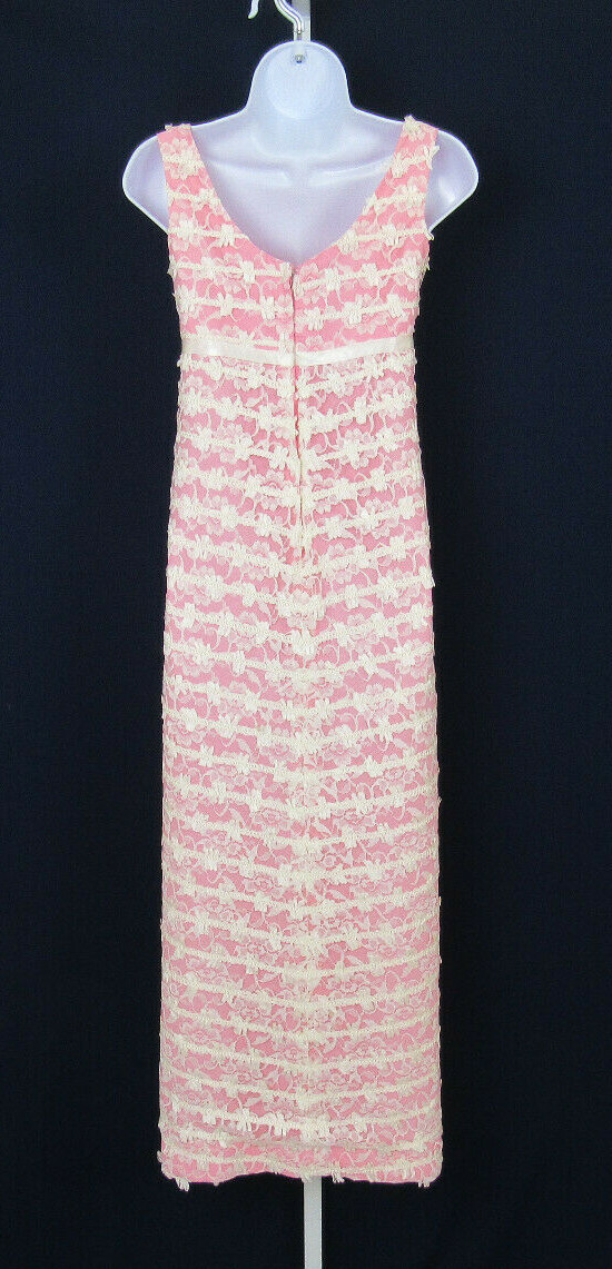 VTG 1950s REICH ORIGINALS MAXI DRESS PINK WHITE LACE MESH BOWS SLEEVELESS