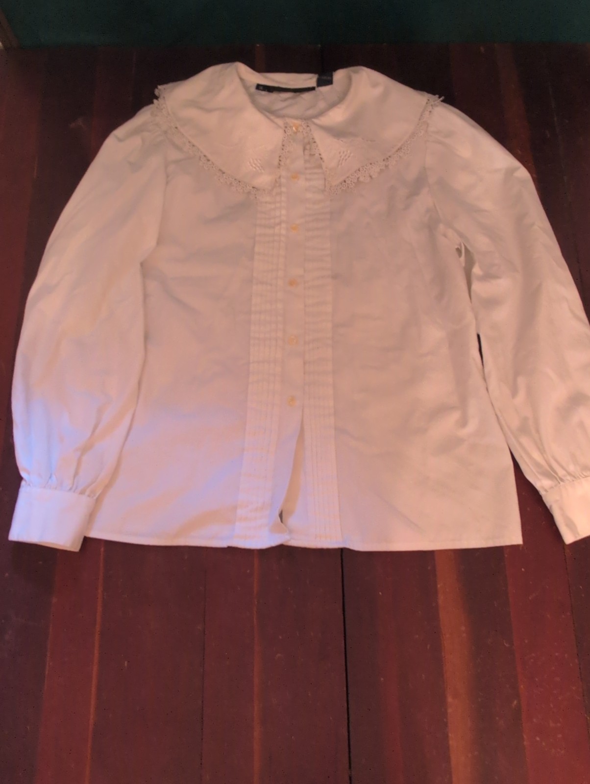 Vtg 80s Herman Geist White Blouse Lace Collar Pintuck Shoulder Pads Sz 14 READ ⬇