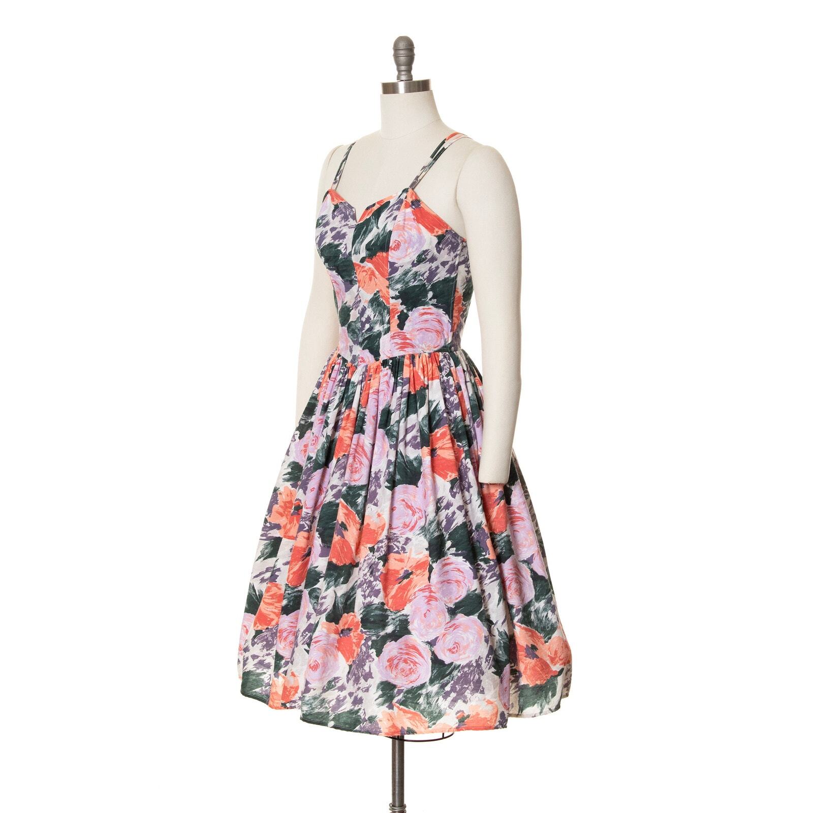 Vintage 1970s Sundress 70s does 1950s Floral Print Spaghetti Strap Fit and Flare
