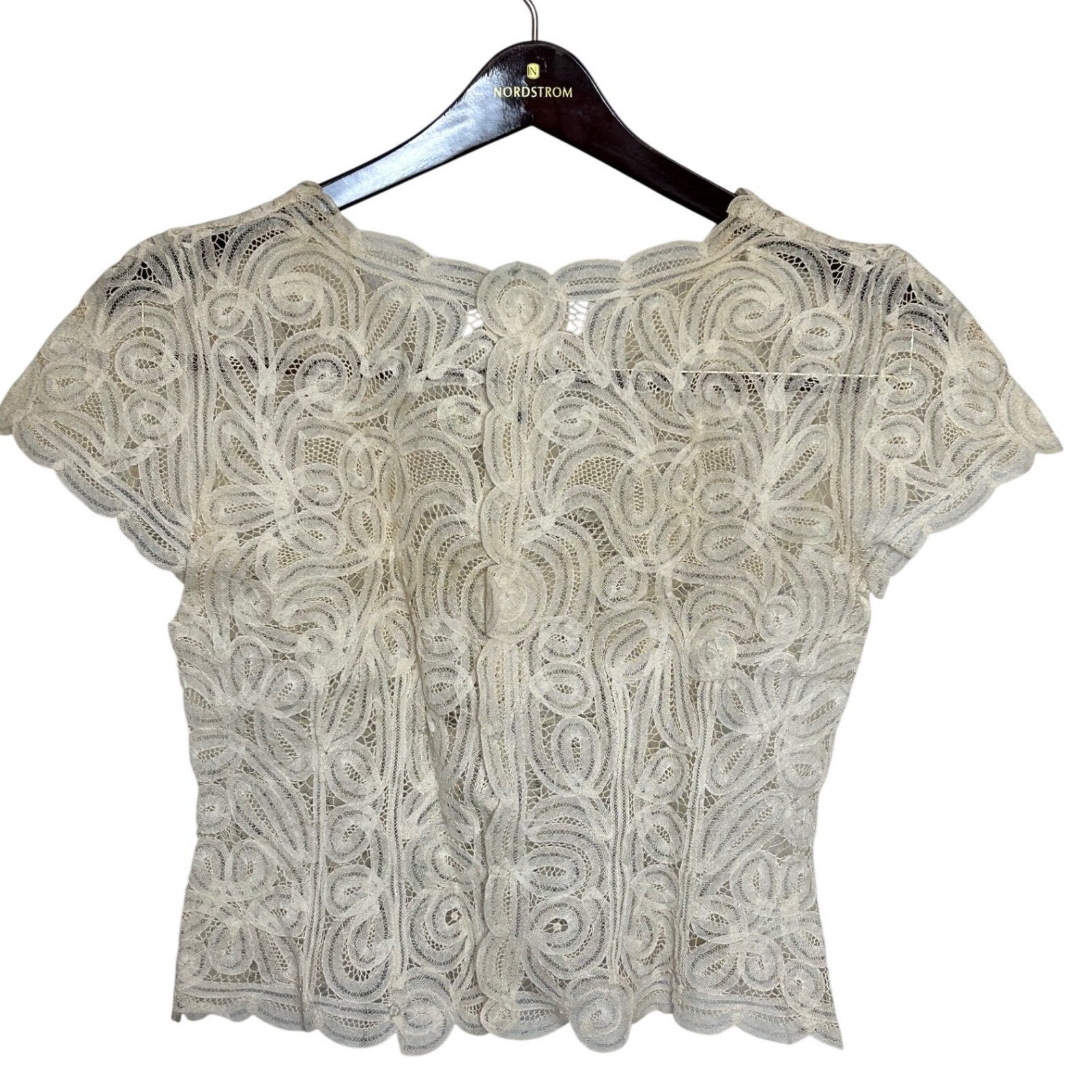 Vintage Cream Tape Lace Short Sleeve Blouse Scalloped Floral Sheer Top Handmade