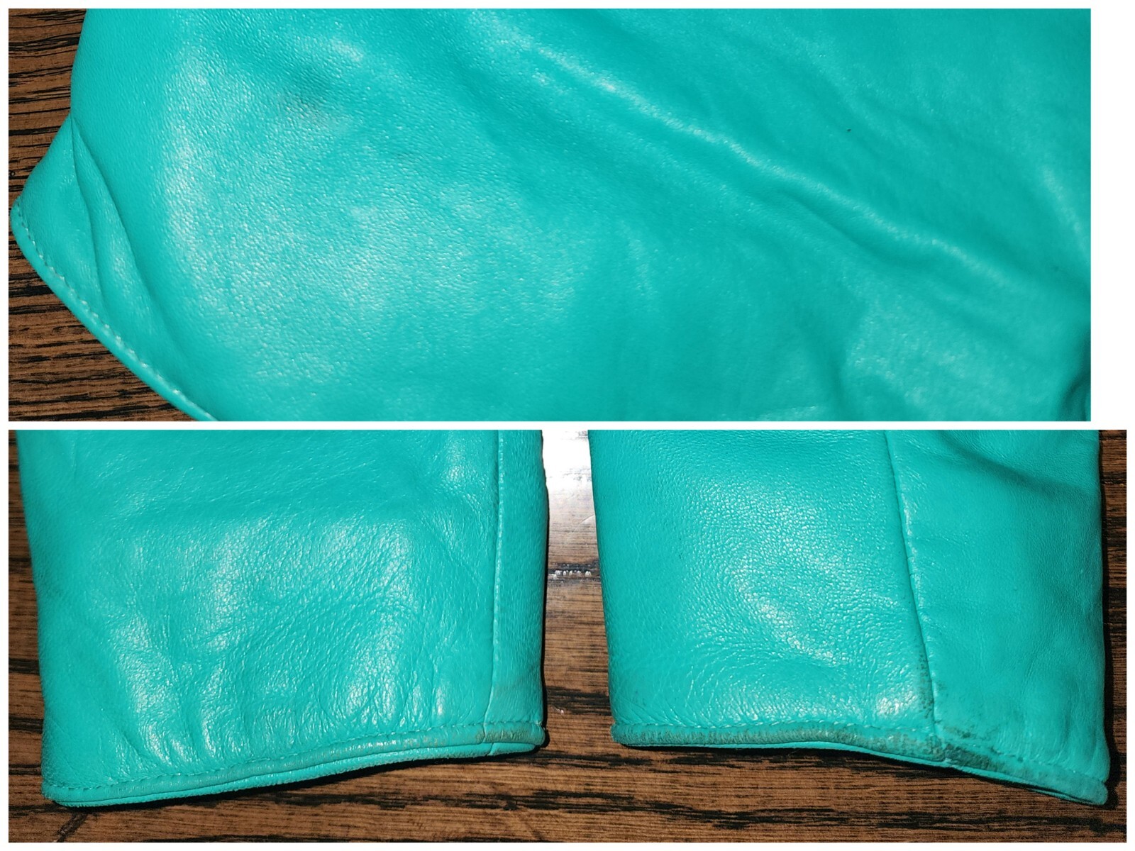 Vtg 80s Rumors n Gossip 2pc Leather Blazer & Skirt Suit Set aquamarine S/M