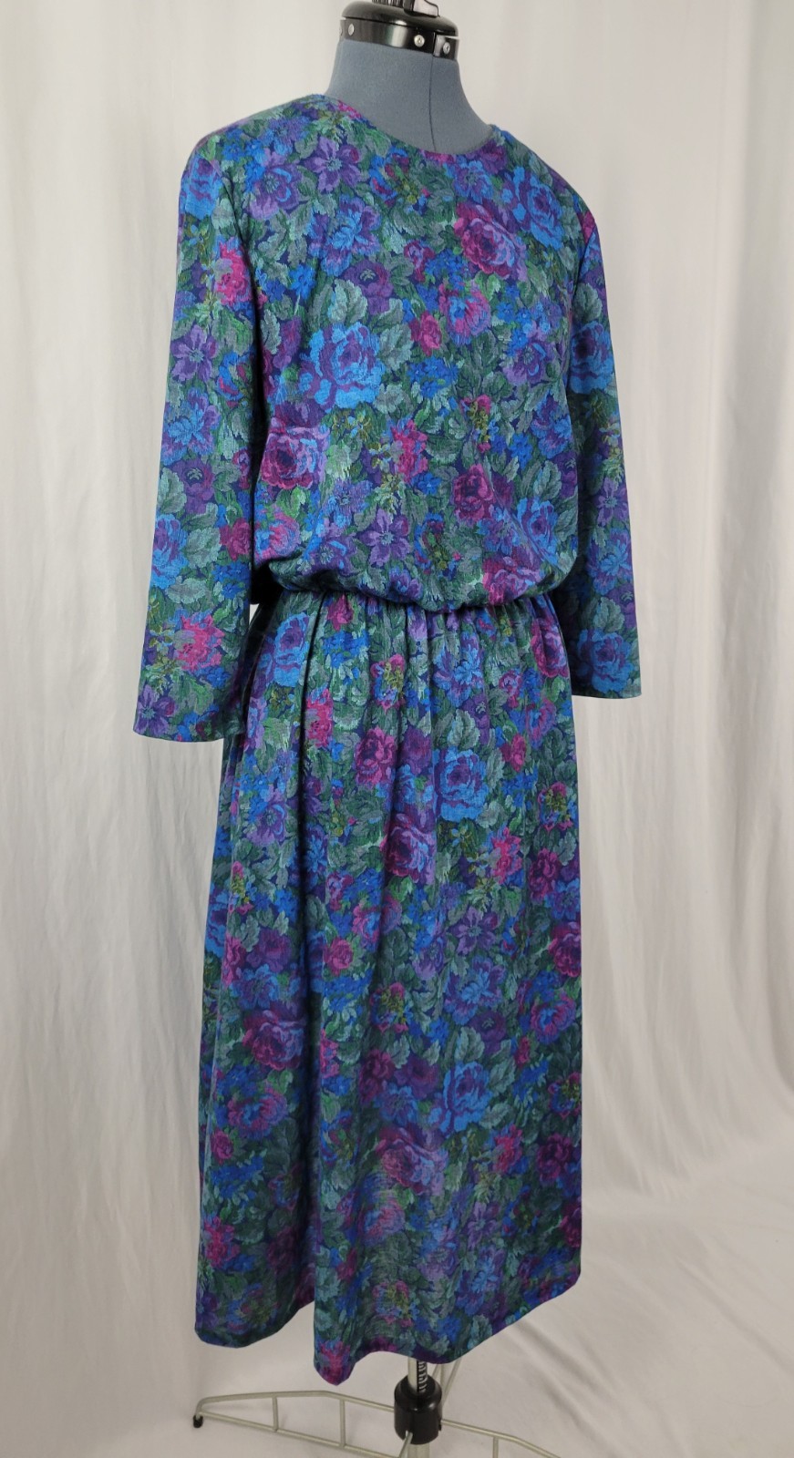 Vintage Sue Sherry Green/Purple/Blue/Magenta Floral Blouson Dress Size 16