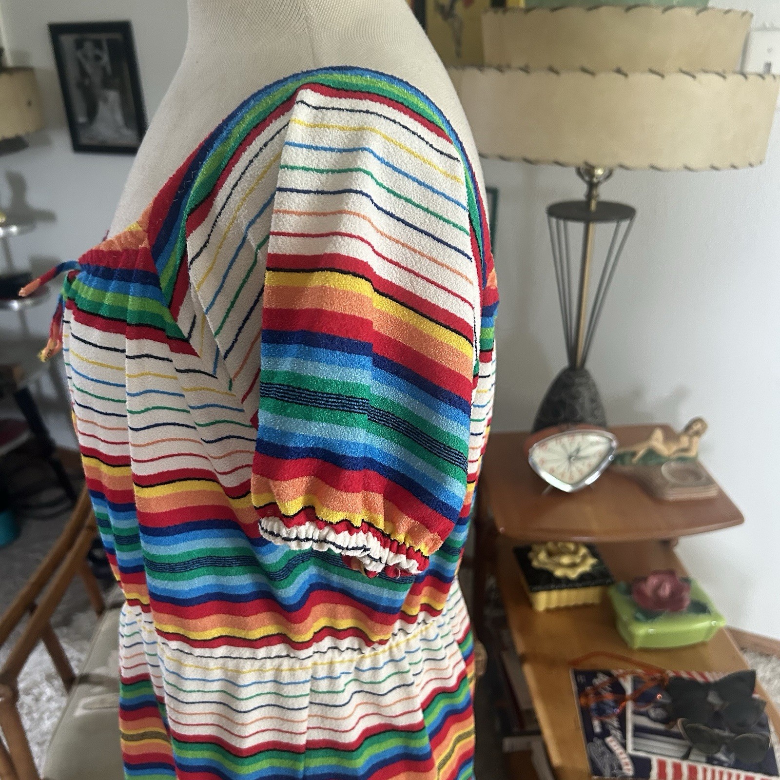 Vintage 1940s Style Dress | Rainbow Stripe | Peasant | XL 2XL | Volup | 70s