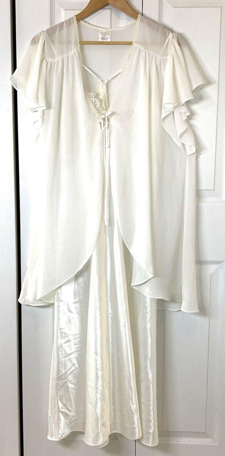 Avon Intimates 2Pc Lingerie Maxi Slip Dress Lace Pearls Sheer Topper 1X VTG 90s