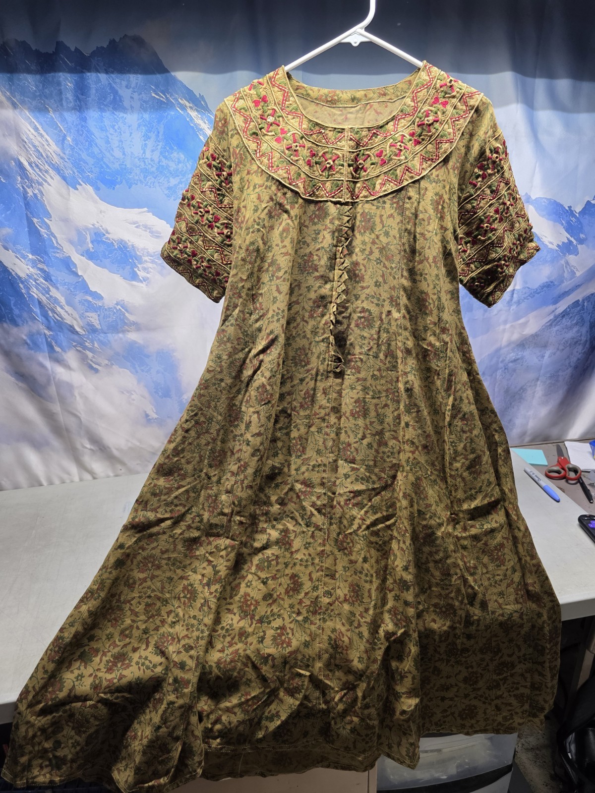 🔥 VTG Handmade Folk Art Dress Mirror Work Shisha Embroidery Floral Block Print