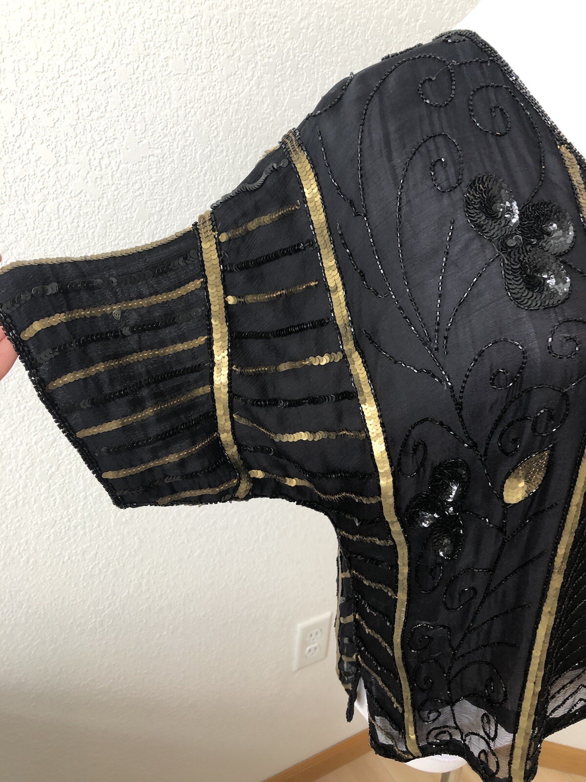Vtg Beaded Sequin Top Black Gold Bougie Batwing Glam Festival Club Silk Showy M