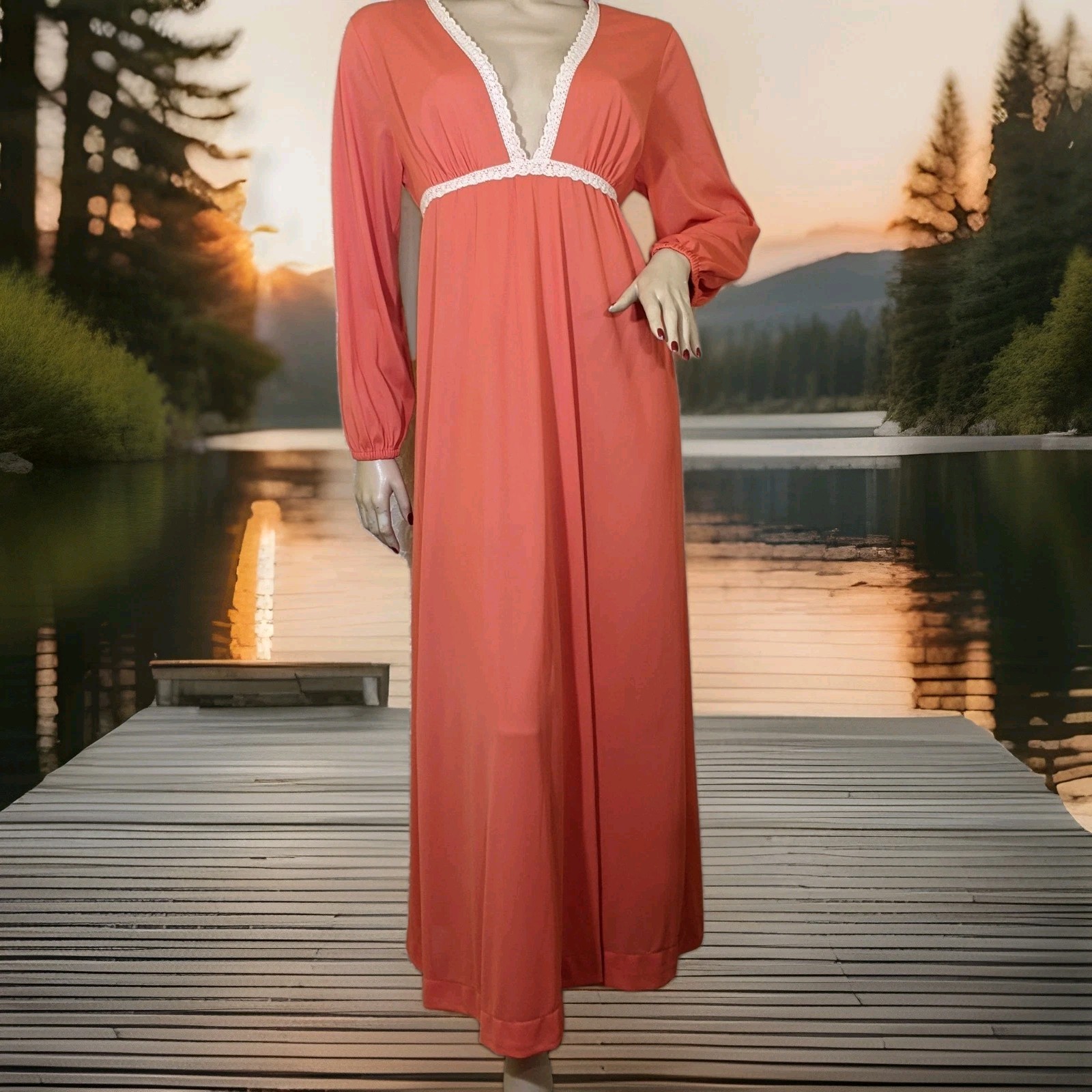 Vintage Gilead Coral Long Sleeve Belted Ivory Lace Lingerie Dress Nightgown L