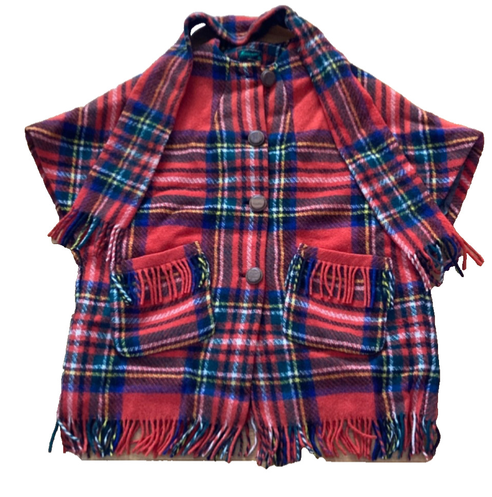 Women’s Vintage Tartan Cape Poncho Removable Scarf Wool Pre Owned