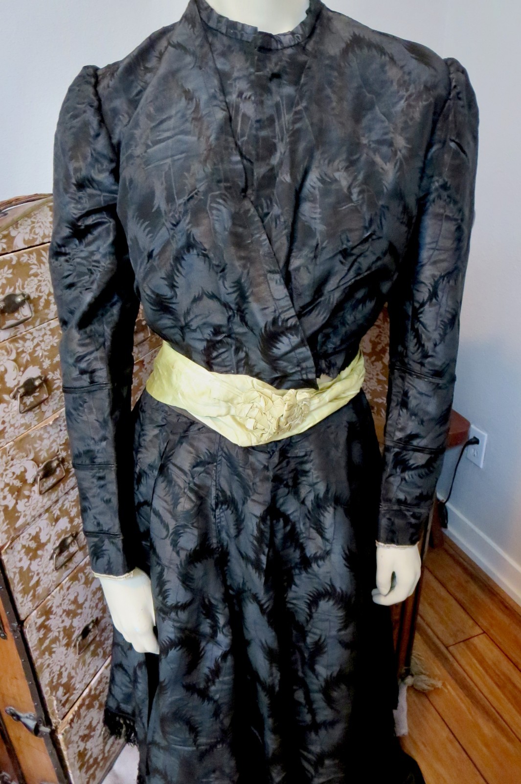 Antique 1860s Black Silk Mourning Dress Fern Pattern Fringe & Ruffle 2 Piece