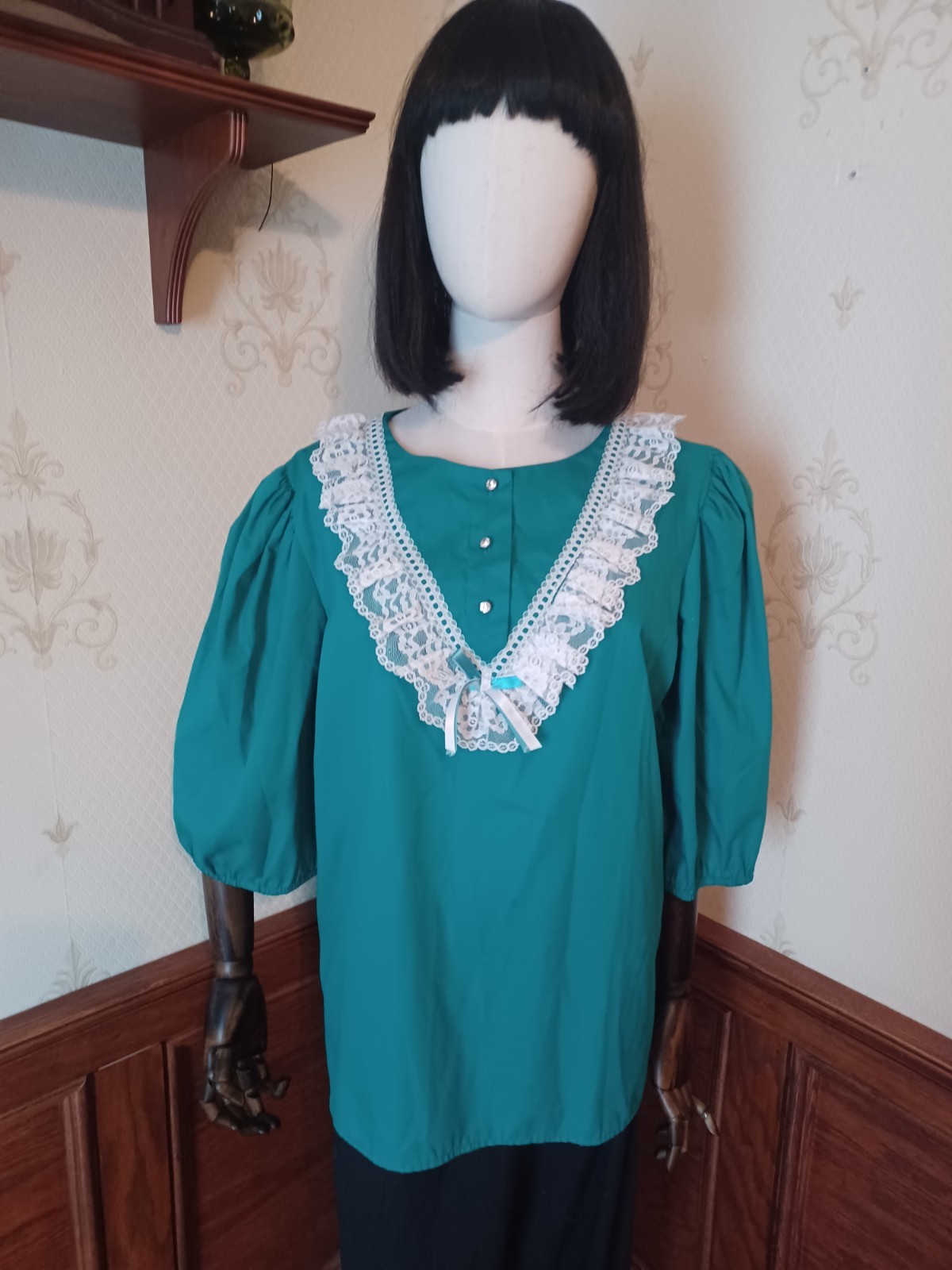 Vintage 1970s/1980s Teal Prairie Western Cottagecore Blouse w/Rhinestone Buttons