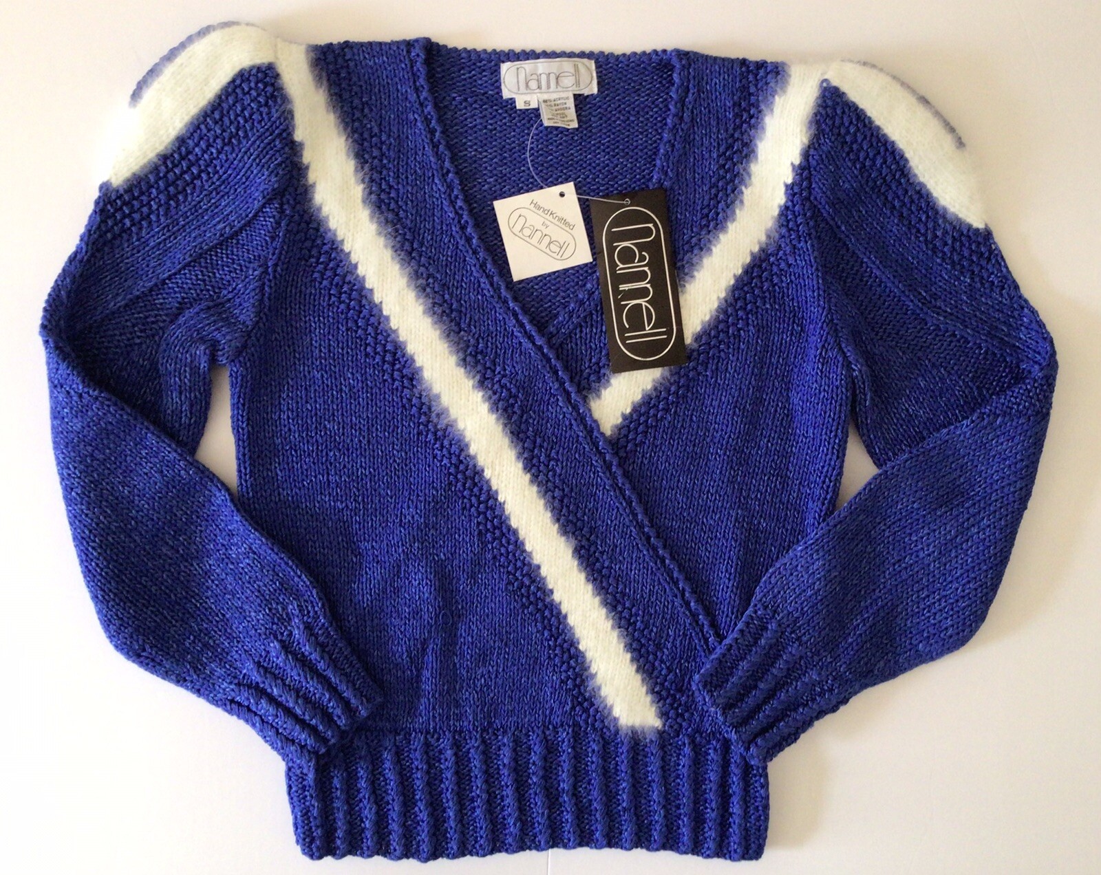 VTG 80’s NWT Nannell Beaded Sweater Blue Puff Sleeve Hand Knit Rayon Angora S