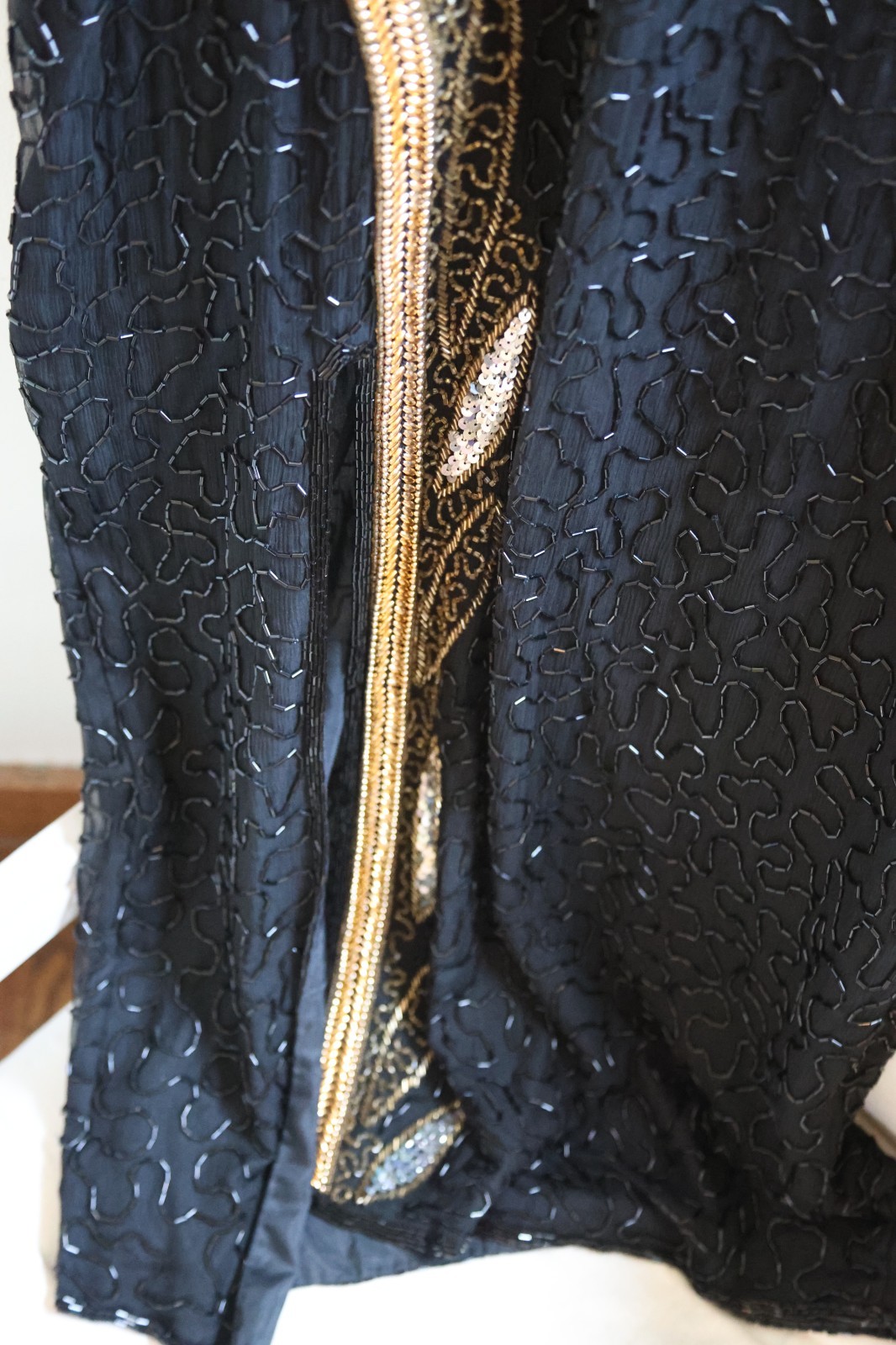 Vintage Jewel Queen 100% Silk Beaded Sequin Gown Dress Black Gold Silver Size 4