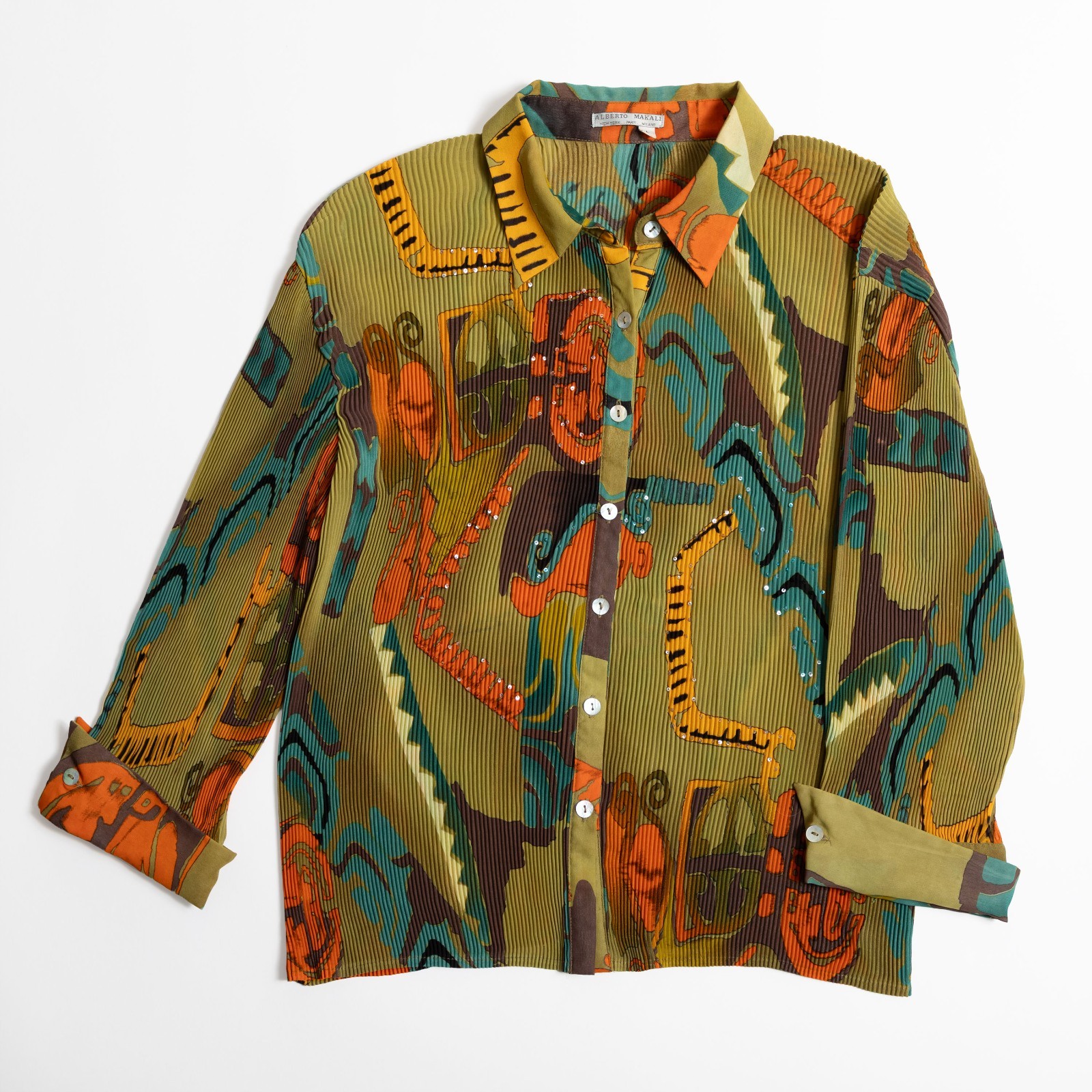 Vintage 90s Alberto Makali Pleated Sequin Shirt Size L Abstract Print