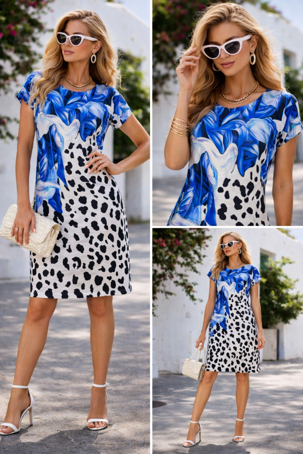 Louis Féraud dress jersey blue white size 40/42 designer print viscose Paris
