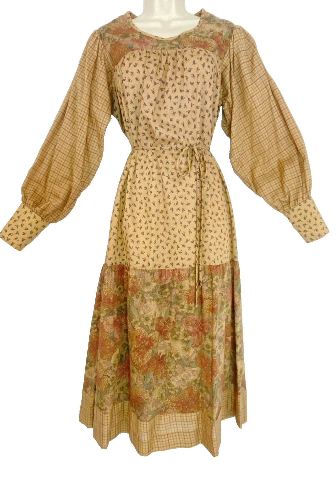 Vintage 1970s balloon sleeve floral midi dress patchwork long dusty pink maxi