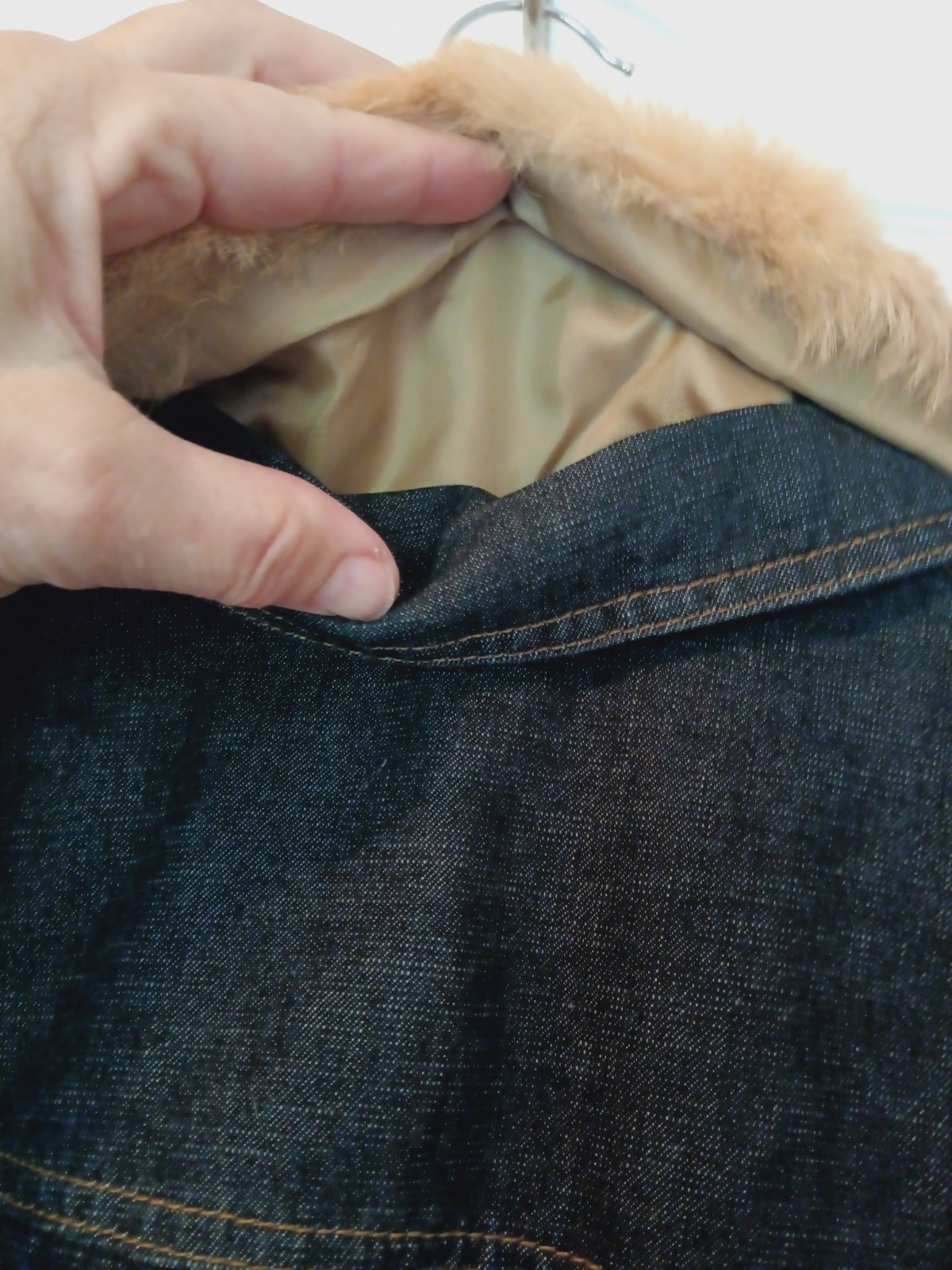 VTG Y2K StreetCode denim jean jacket short detach rabbit fur trim quilt lining S