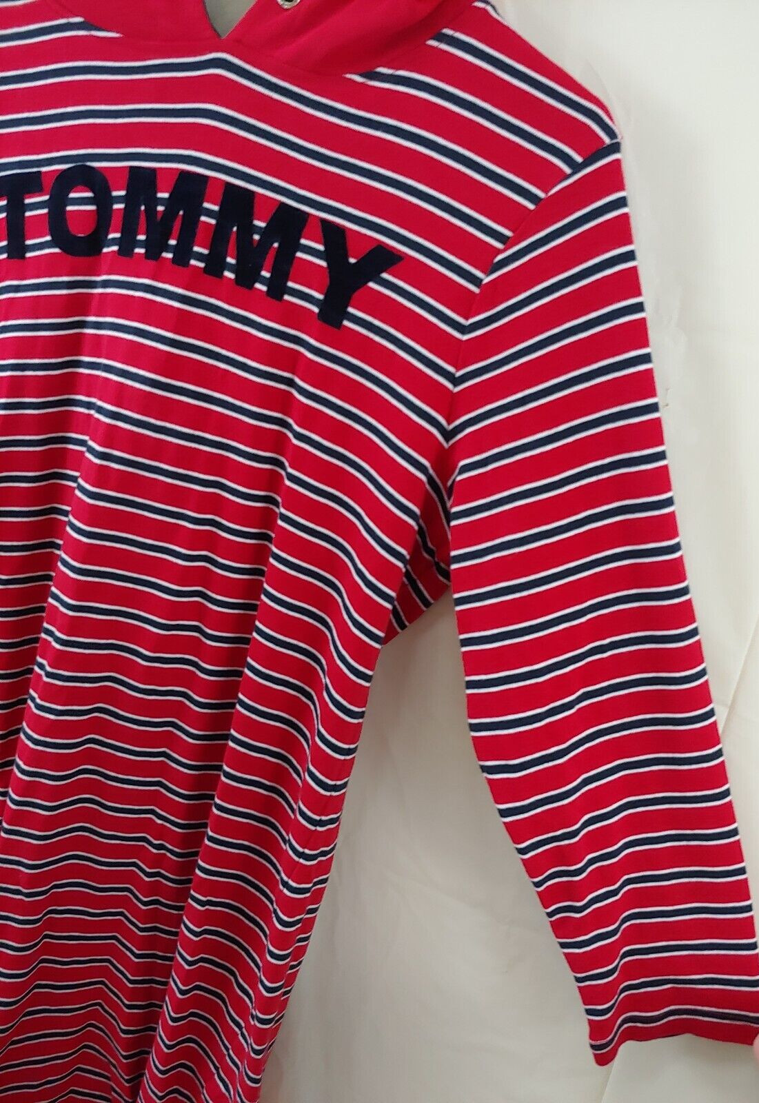 Vtg Tommy Hilfiger Dress Large Y2k Spell Out Hooded Shirt Red Striped Cotton