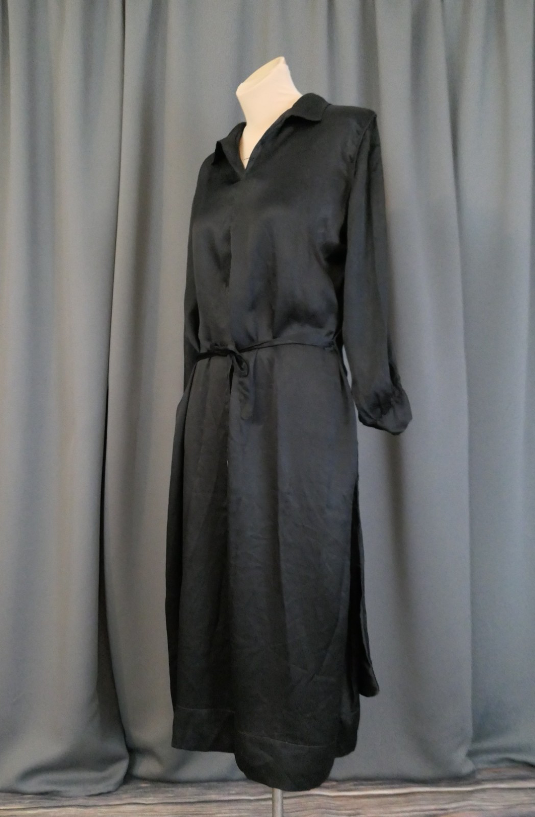 Damaged 1910s Black Silk Satin Dress, Eyelet Panel, 40 inch bust, Ankle length