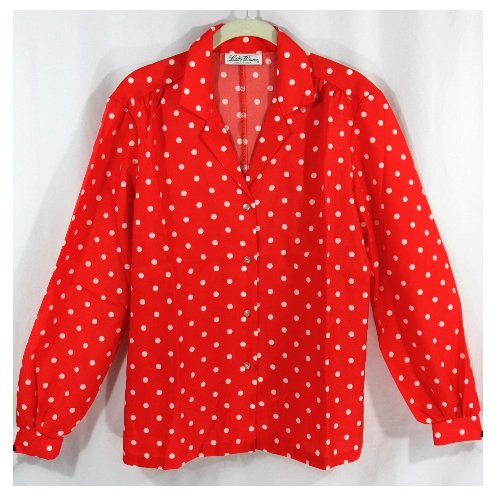 Vintage Lucky Winner Red and White Polka Dot Satin Secretary Career Blouse Top M