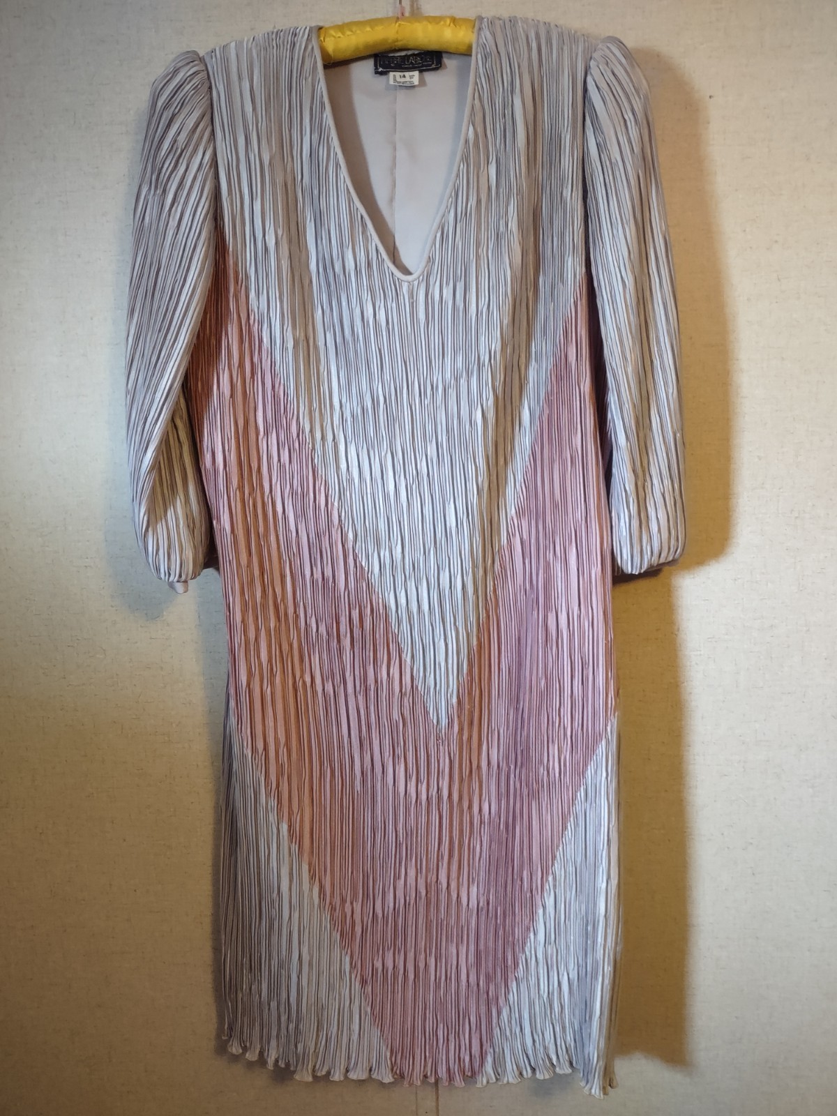 Vintage Pierre Labiche Plisse’ Pleated Dress, Chevron V Shape Color Block