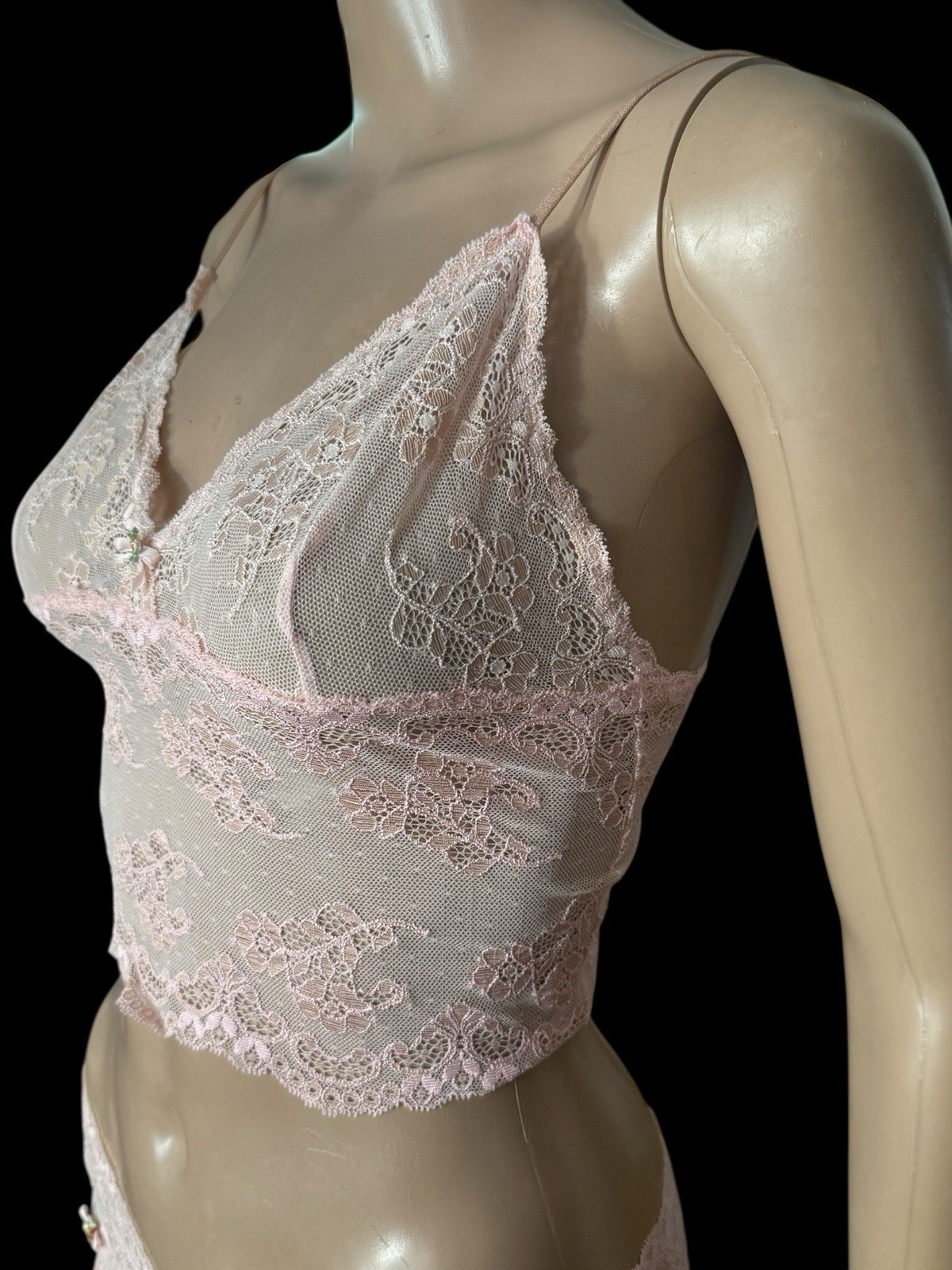 Victoria’s Secret Pink Victorian Sheer Lace Flowers Cami Panty Set Sz Small VTG