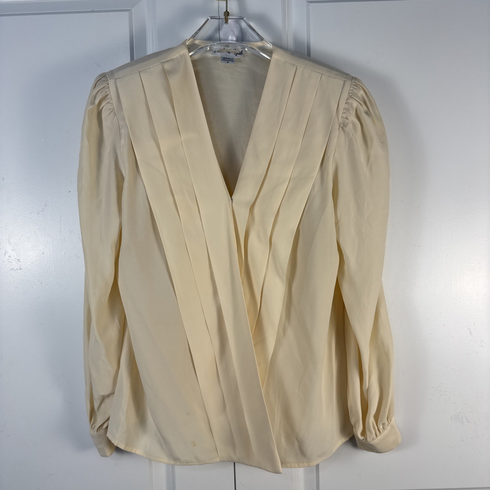 Vtg 100% Silk Blouse 8 Cream Pleats Faux Wrap Shoulder Pads Dynasty Old Money