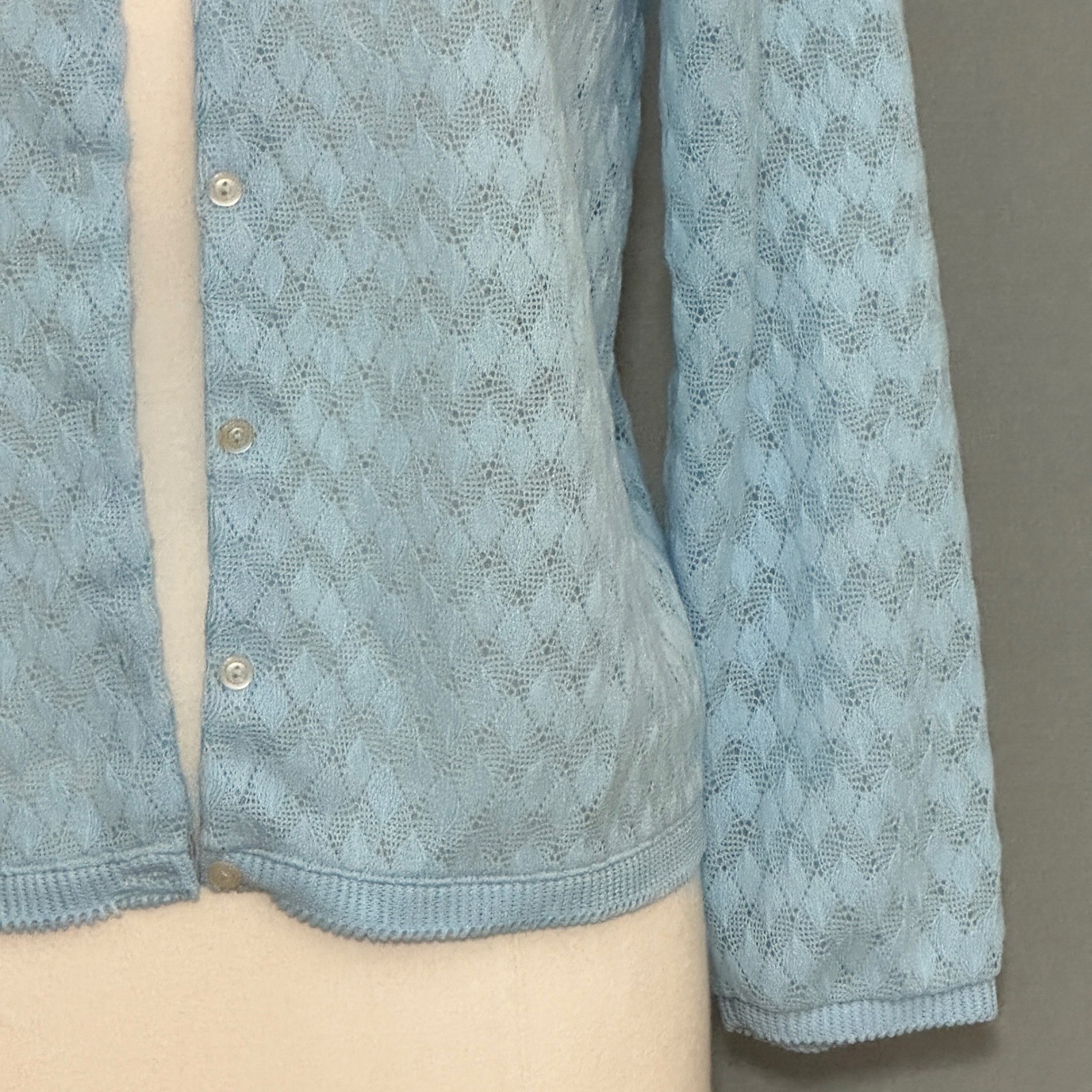 VTG Women Powder Blue Pointelle Knit Cardigan M Pastel Feminine Soft Girl Pastel