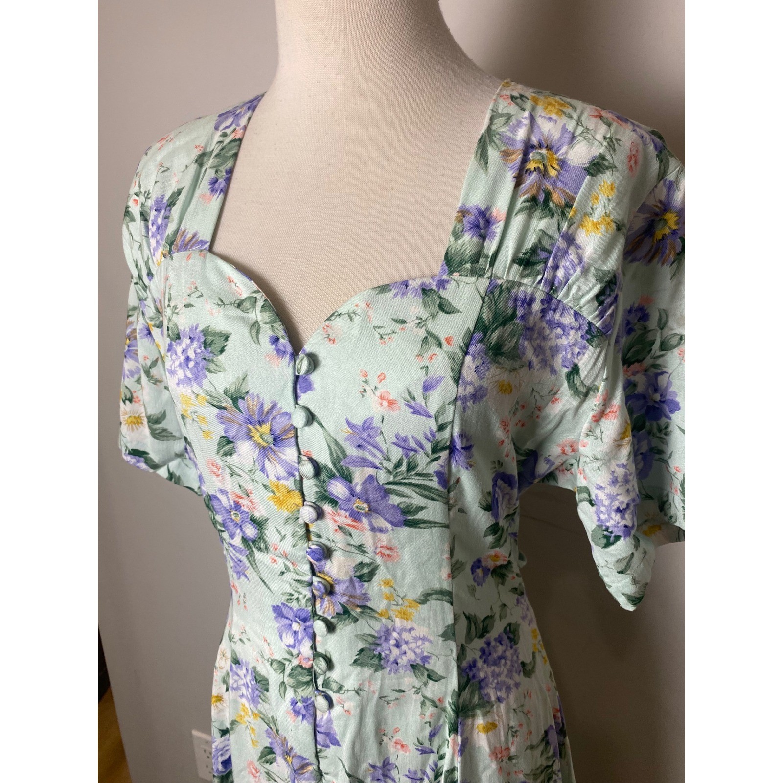 Ellen Ashley Vintage 90s Floral Maxi Dress Mint Green Purple Rayon Size 12 Boho