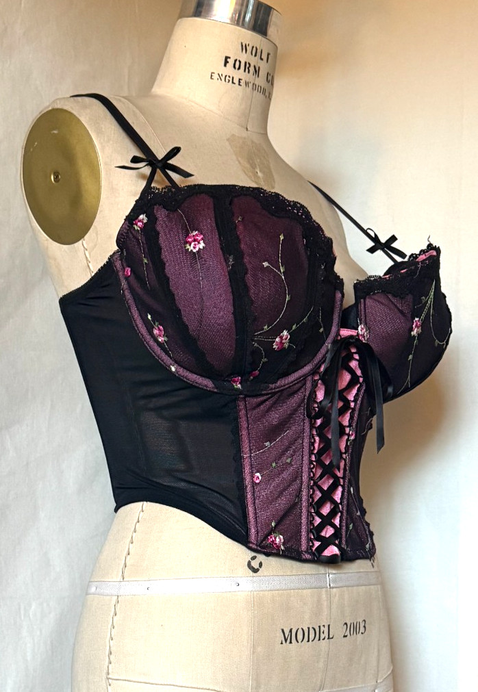 LACE FRONT CORSET BUSTIER „ENCHANTED” SHEER BLACK NYLON w EMBROIDERED CUPS 42DD