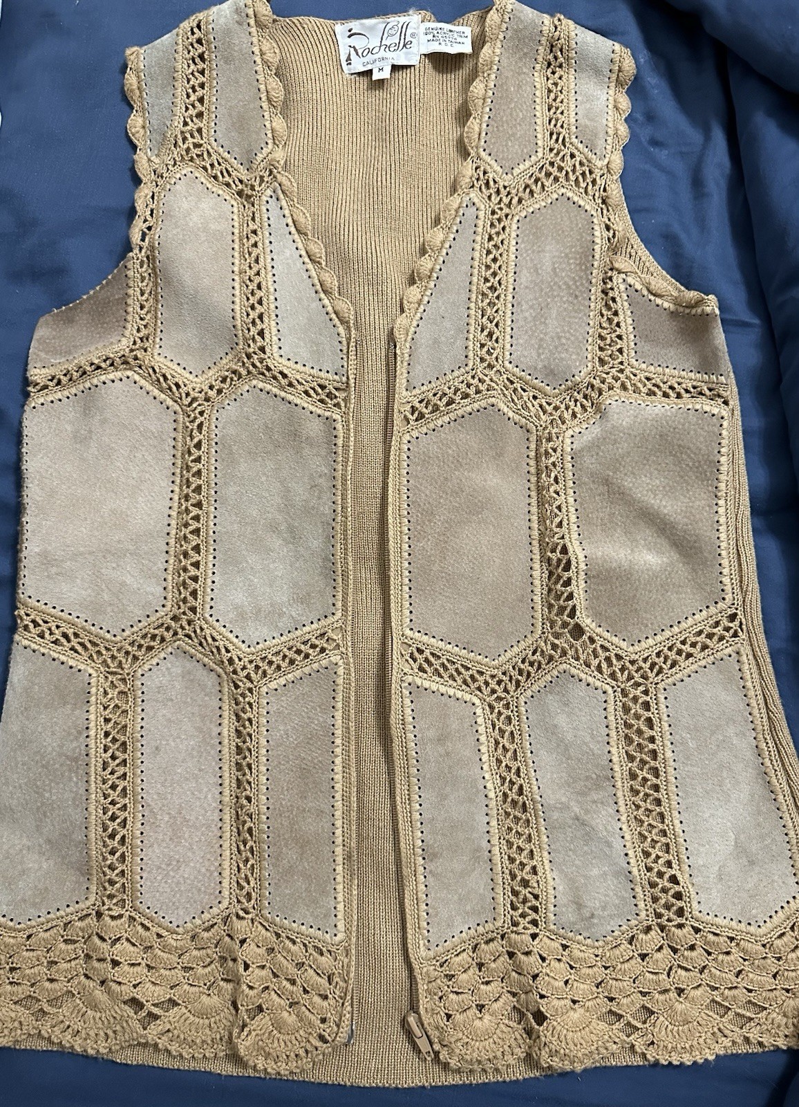 Vintage 70s Suede Leather Crochet M Patchwork Vest Gilet Rochelle California