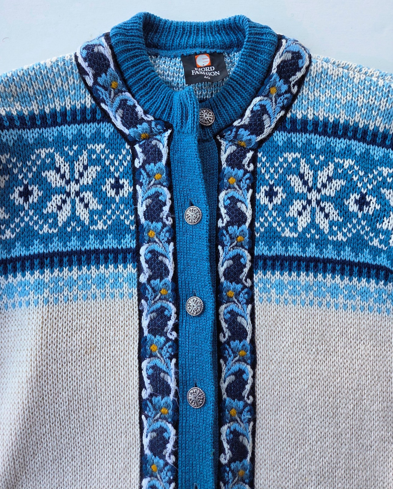 Vintage AS Evebofoss Norway Fjord Fashion Nordic Wool Cardigan Pewter Buttons