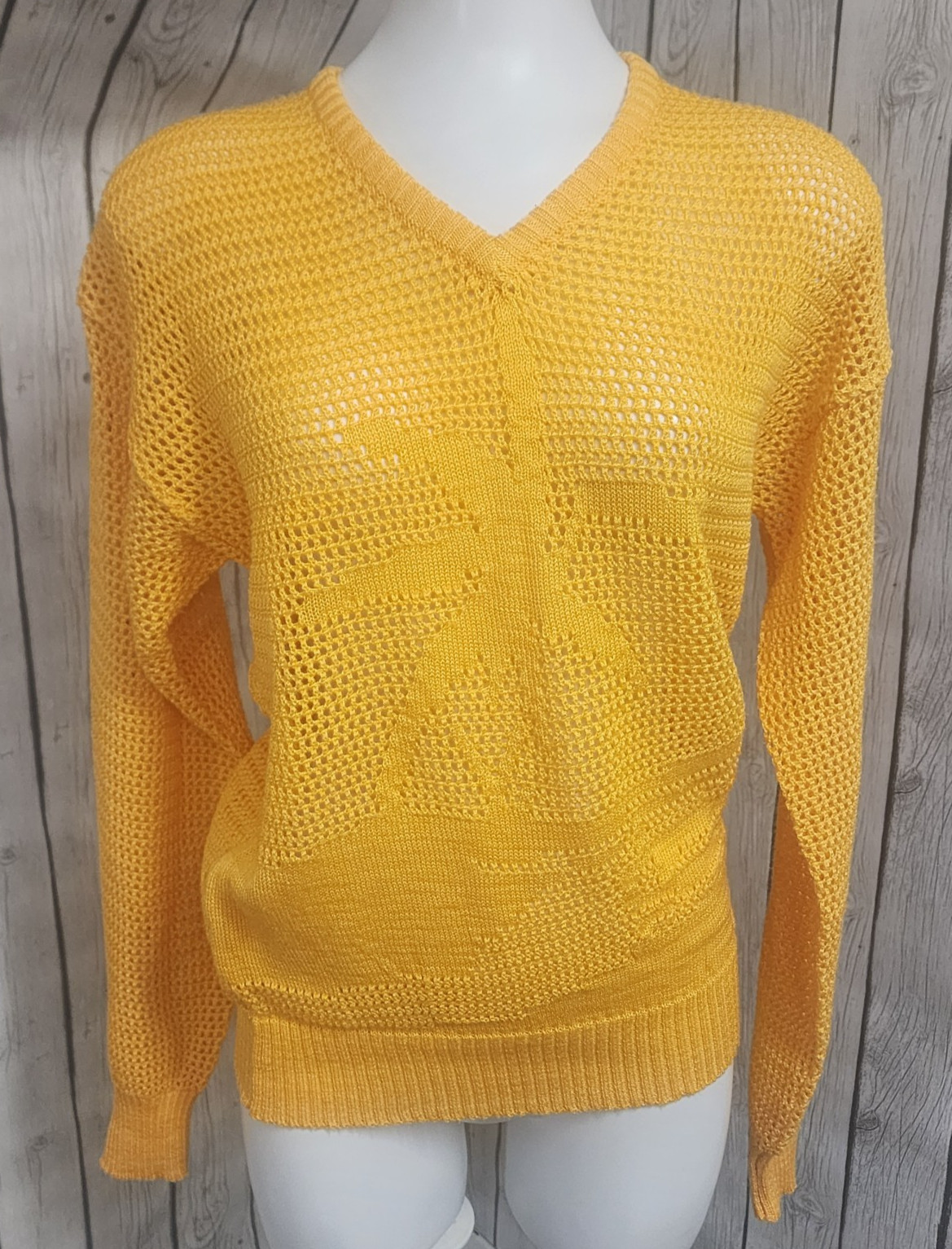 Vintage Givenchy for Chesa Yellow Open Knit Sweater Palm Tree Island Scene M