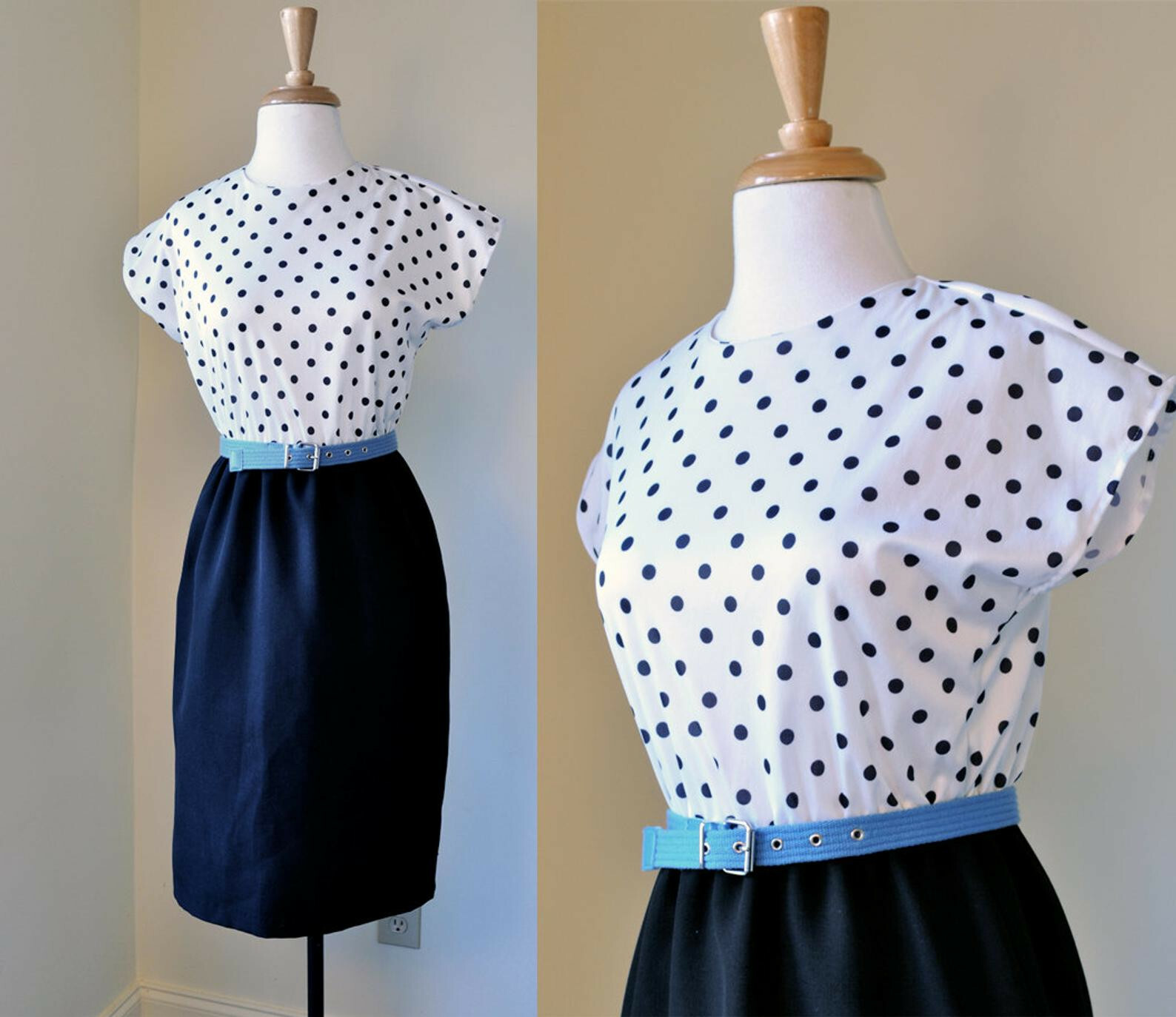 1980’s Black and White Polka Dot Dress with Blue Belt