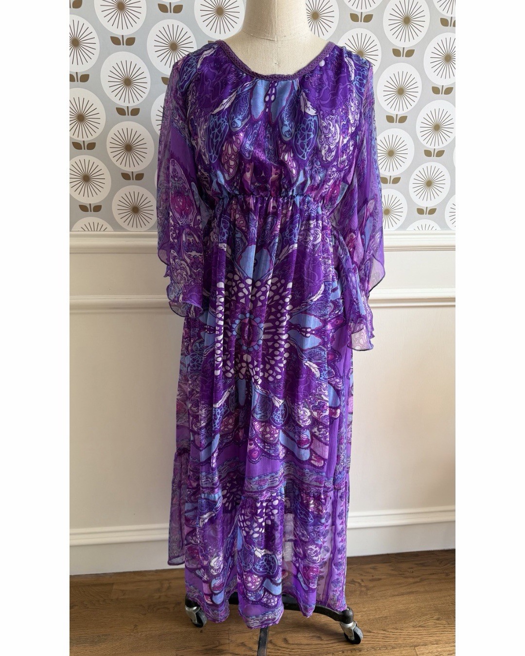 Vtg BLAIR Purple Chiffon Maxi Dress Sz Sm Petite Paisley Boho Butterfly Fairy