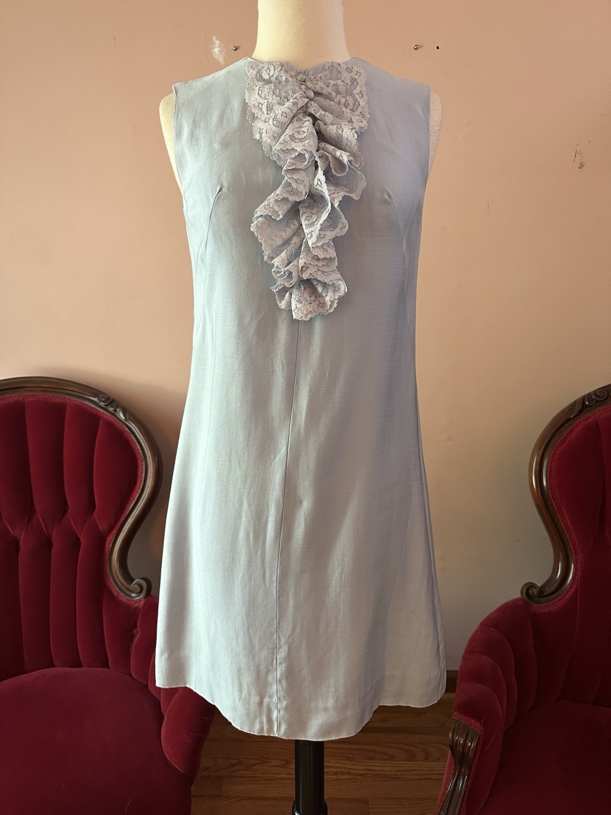 Vintage 60s Baby Blue Lace Ruffled Jabot Shift Mini Dress Silk Linen XS S