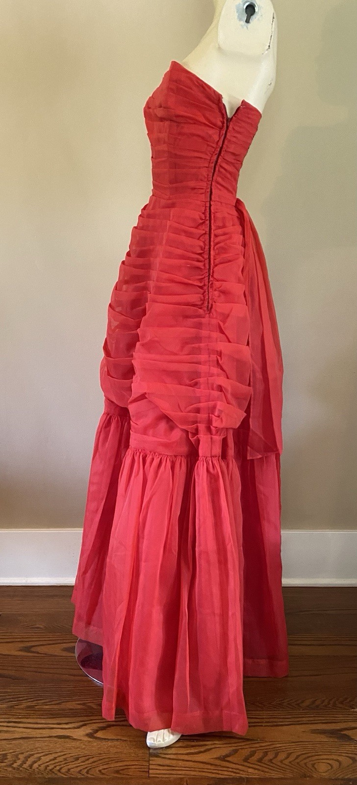 VTG 50s Red Chiffon Strapless Evening Cocktail Prom Gown Dress XS