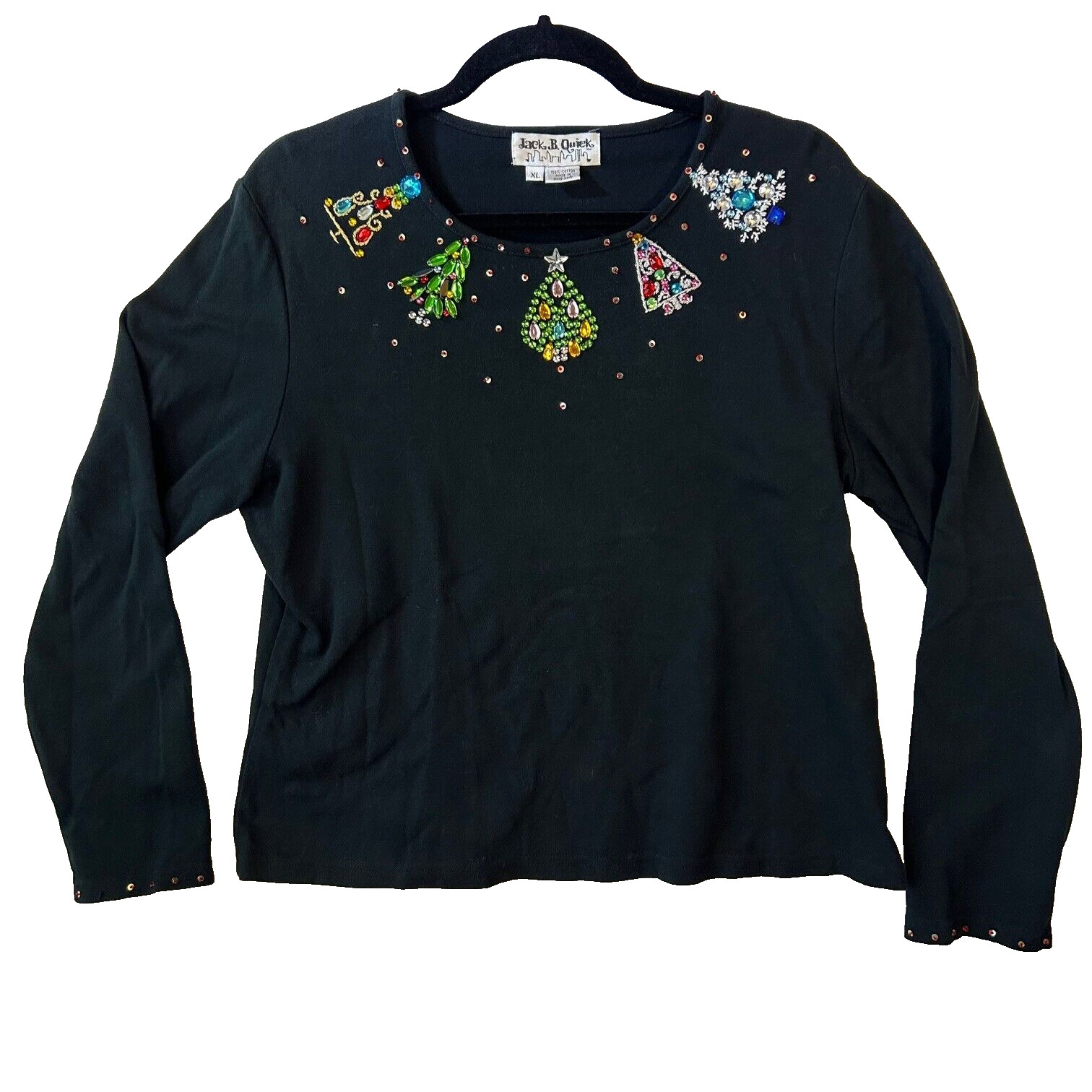 Jack B Quick Vtg Black Bejeweled Christmas Trees 3/4 sleeve Cotton shirt L/XL
