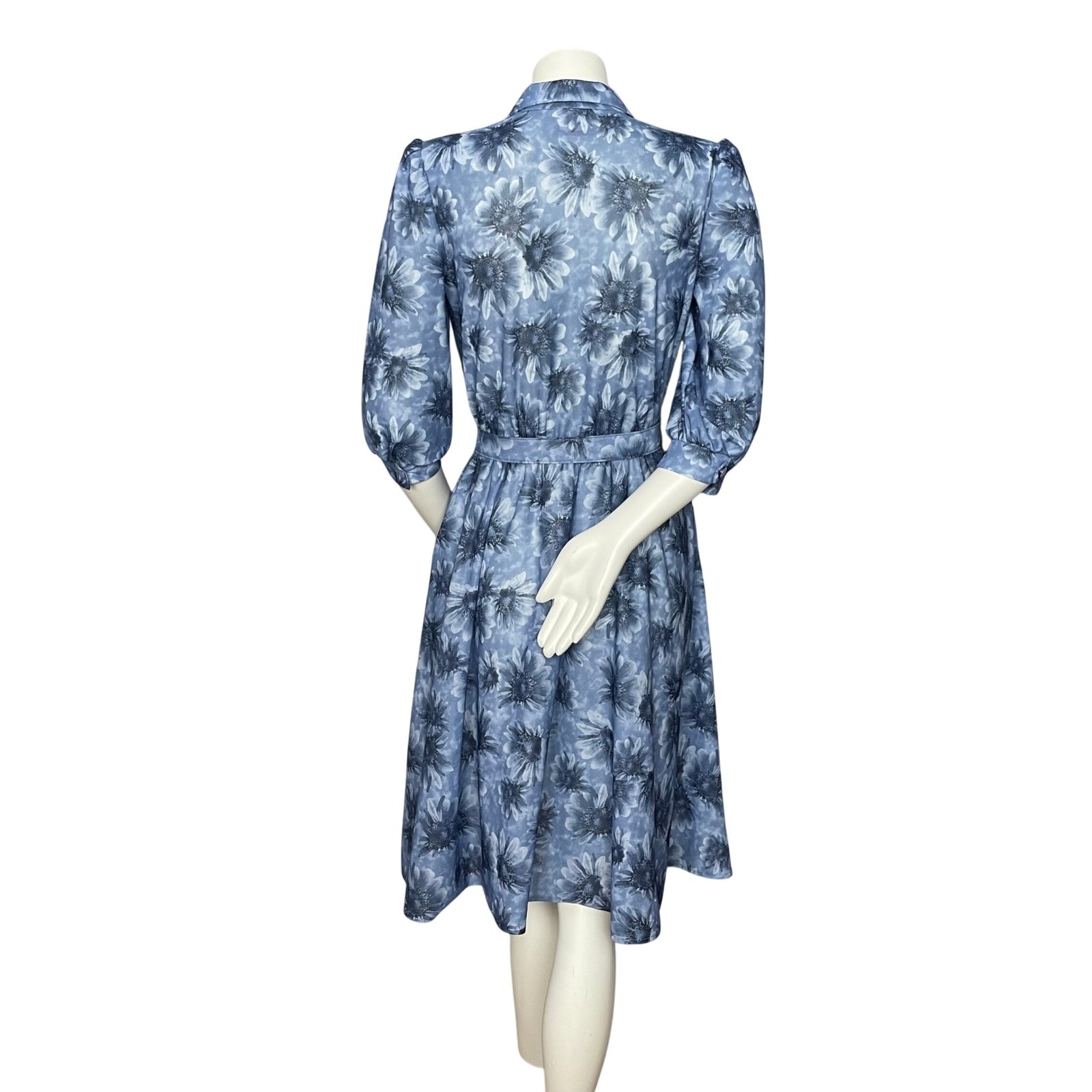 Vintage 80s Floral Dress Women Blue Belted Retro A-Line Belted Collared Eclectic