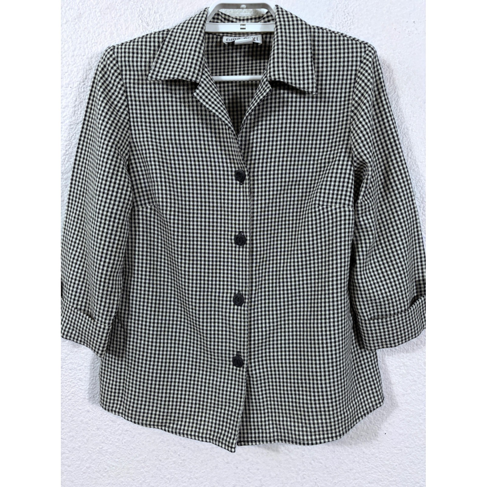 Dina Ariel Blouse Womens Medium Ivory Black Vintage Y2K Gingham Plaid 3/4 Sleev