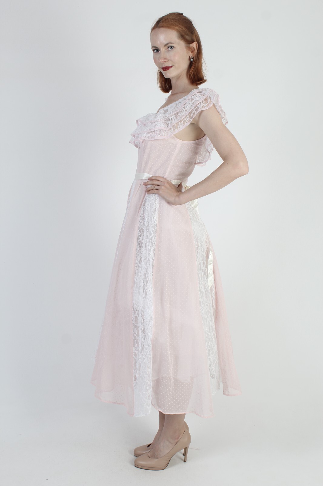Vtg Pink Polka Swiss Dot Dress 70s Romantic Country Saloon Off Shoulder Dress