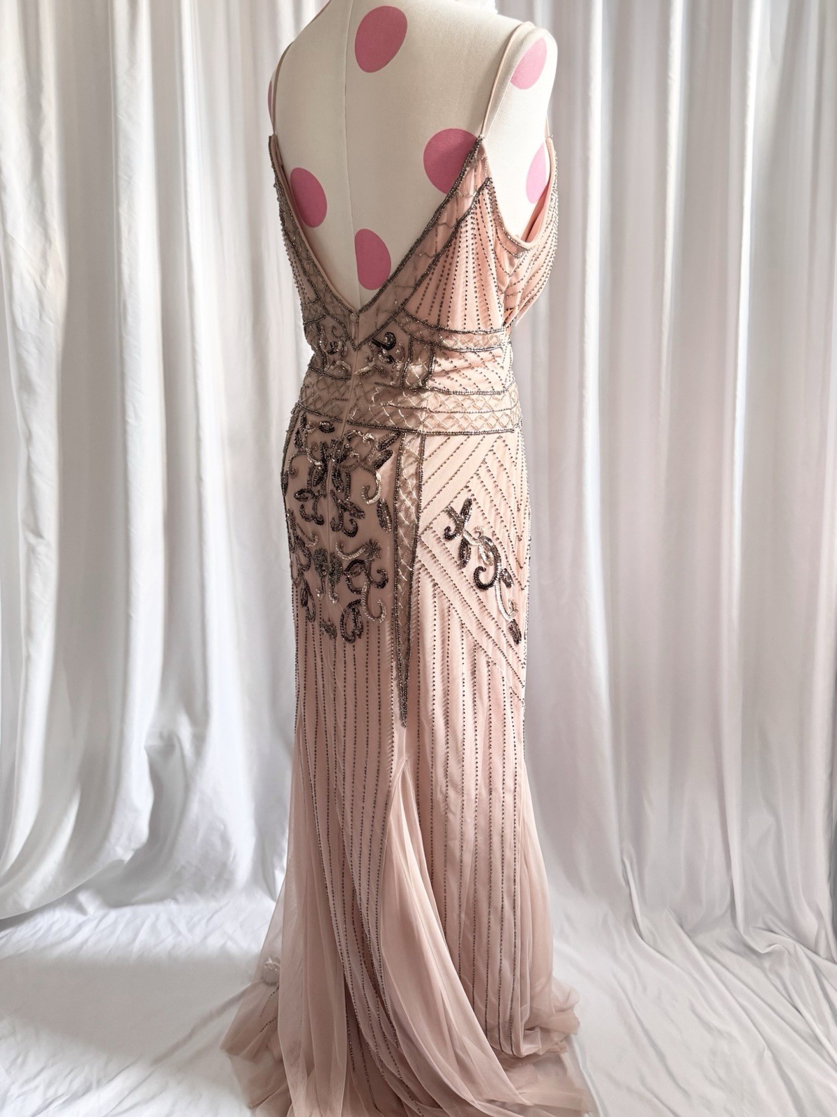 Vintage Pink Silver Fairy Beaded Sequin Ruffle Princess Formal Gown Dress 15/16