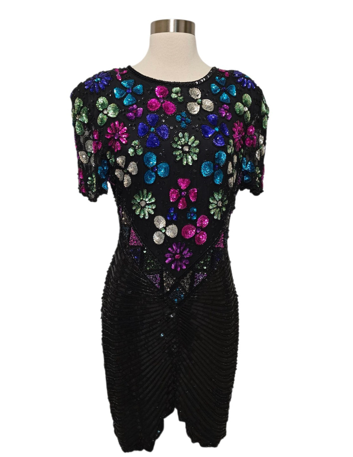Vintage 90s Fully Sequin Dress Womens Size Medium Black Formal Party Sweelo