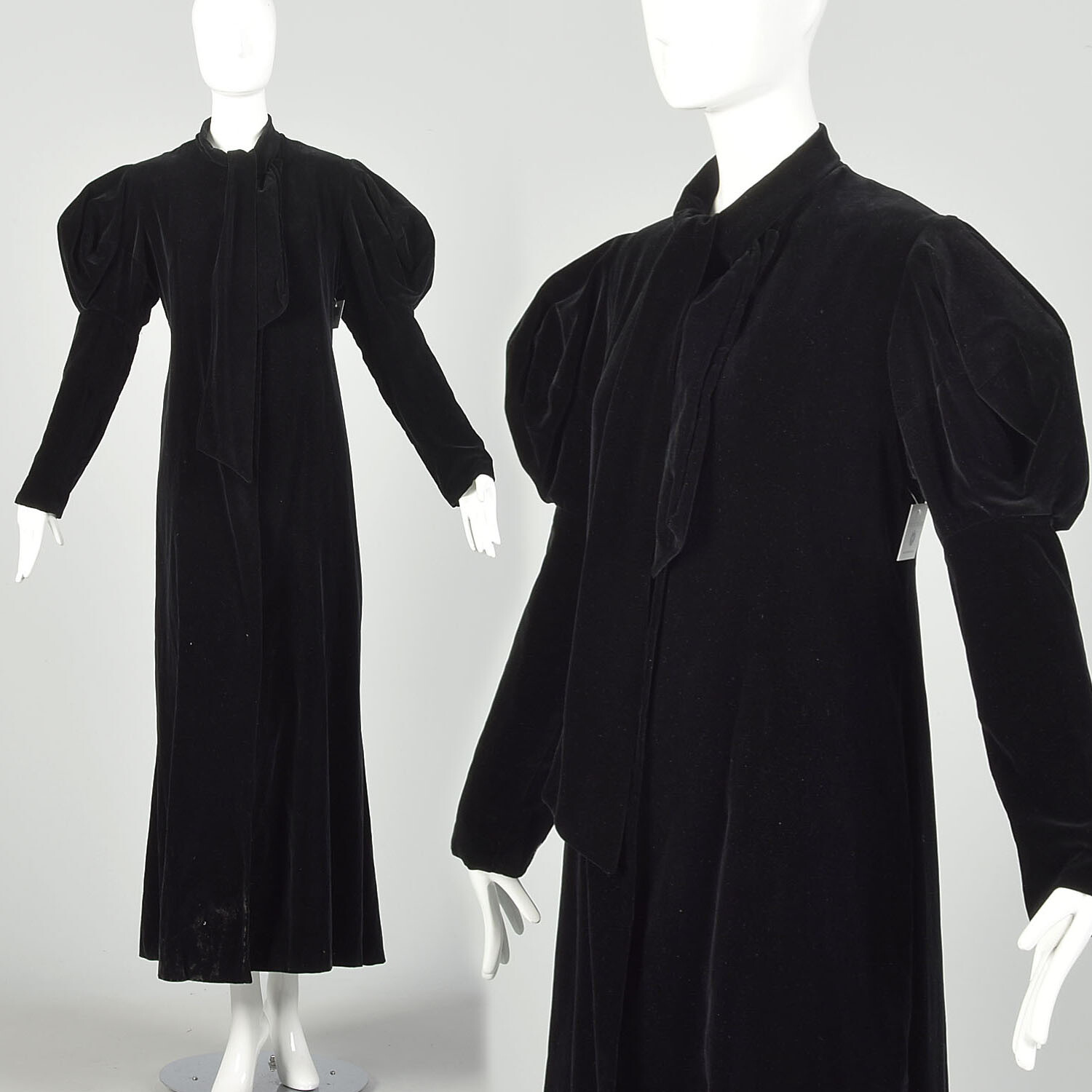 XS 1940s Black Velvet Opera Coat Juliet Sleeve Pussybow Maxi Outerwear VTG 40s