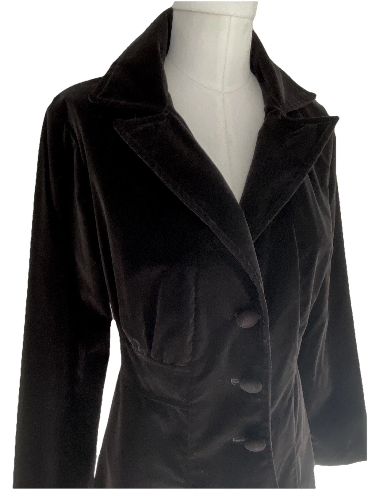 1970’s TAILORED BLAZER Jet Black Vintage Huge Collar Gathered Detail Size S/M