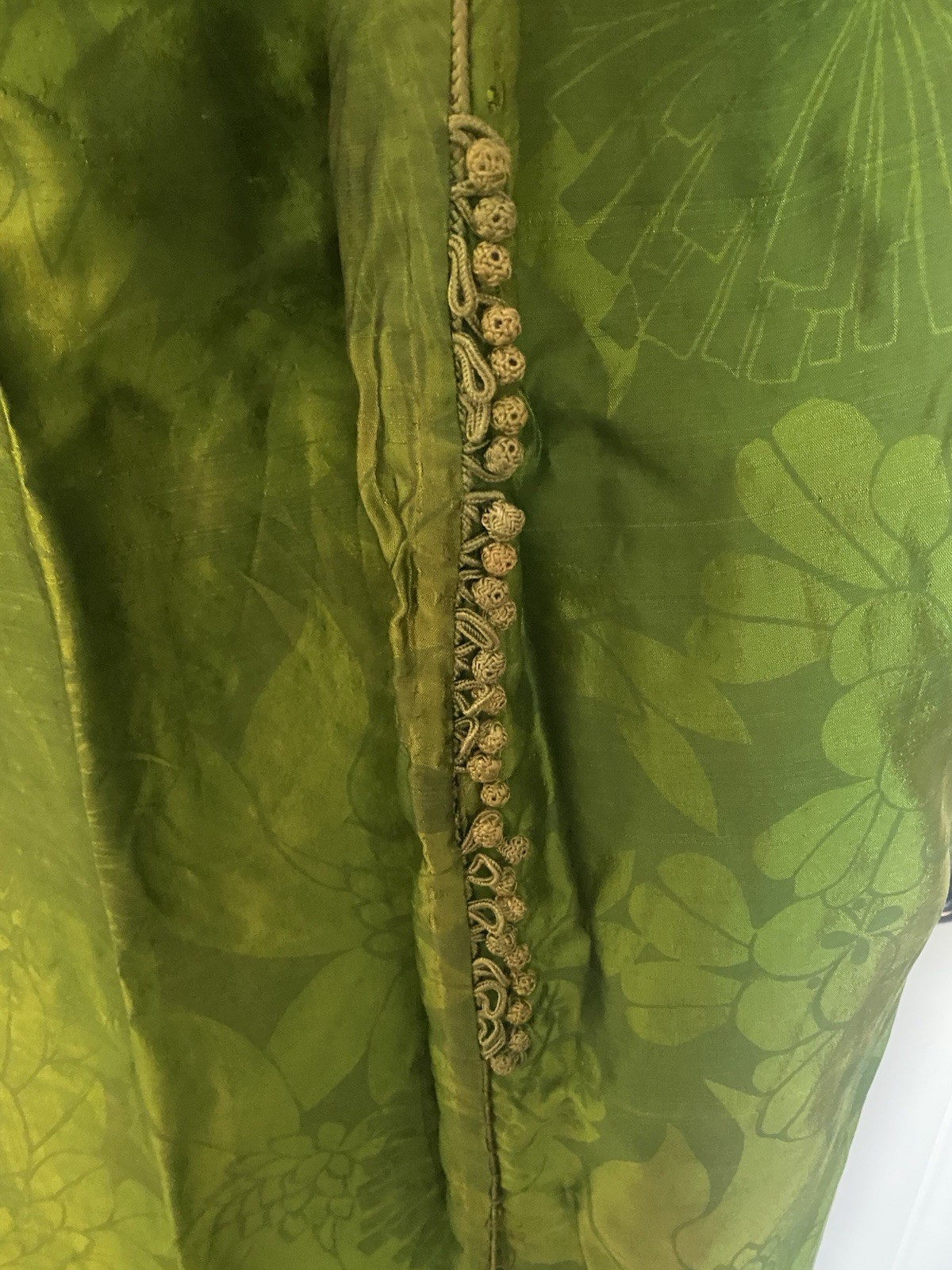 Kaftan Vtg Boho Silk Maxi Dress One Size Caftan Kimono Green Floral Jacquard
