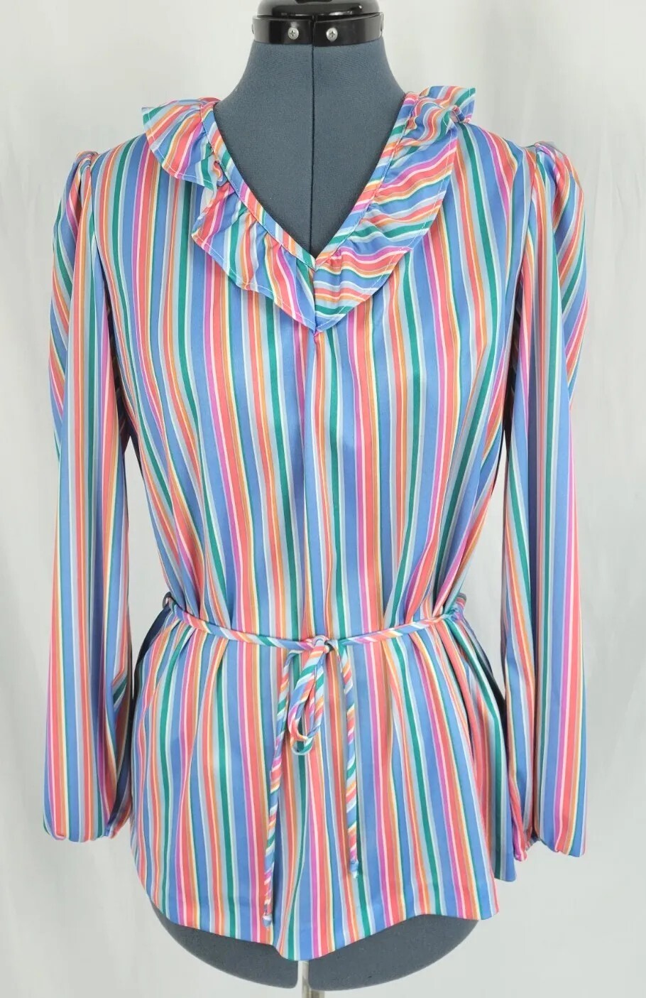 Vintage Beeline Polyester Striped Top with Ruffled Collar and Tie Waist Size XL?